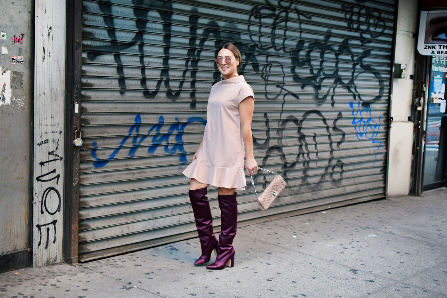 new-york-fashion-week-outfit-blush-dress-maroon-purple-boots-nyfw-blush-sunglasses-pearl-drop-earring-miu-miu-bag