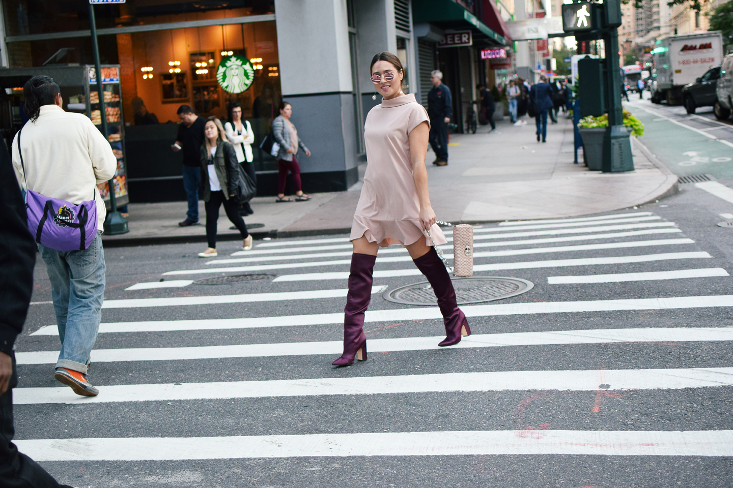 new-york-fashion-week-outfit-blush-dress-maroon-purple-boots-nyfw-blush-sunglasses-pearl-drop-earring-miu-miu-bag