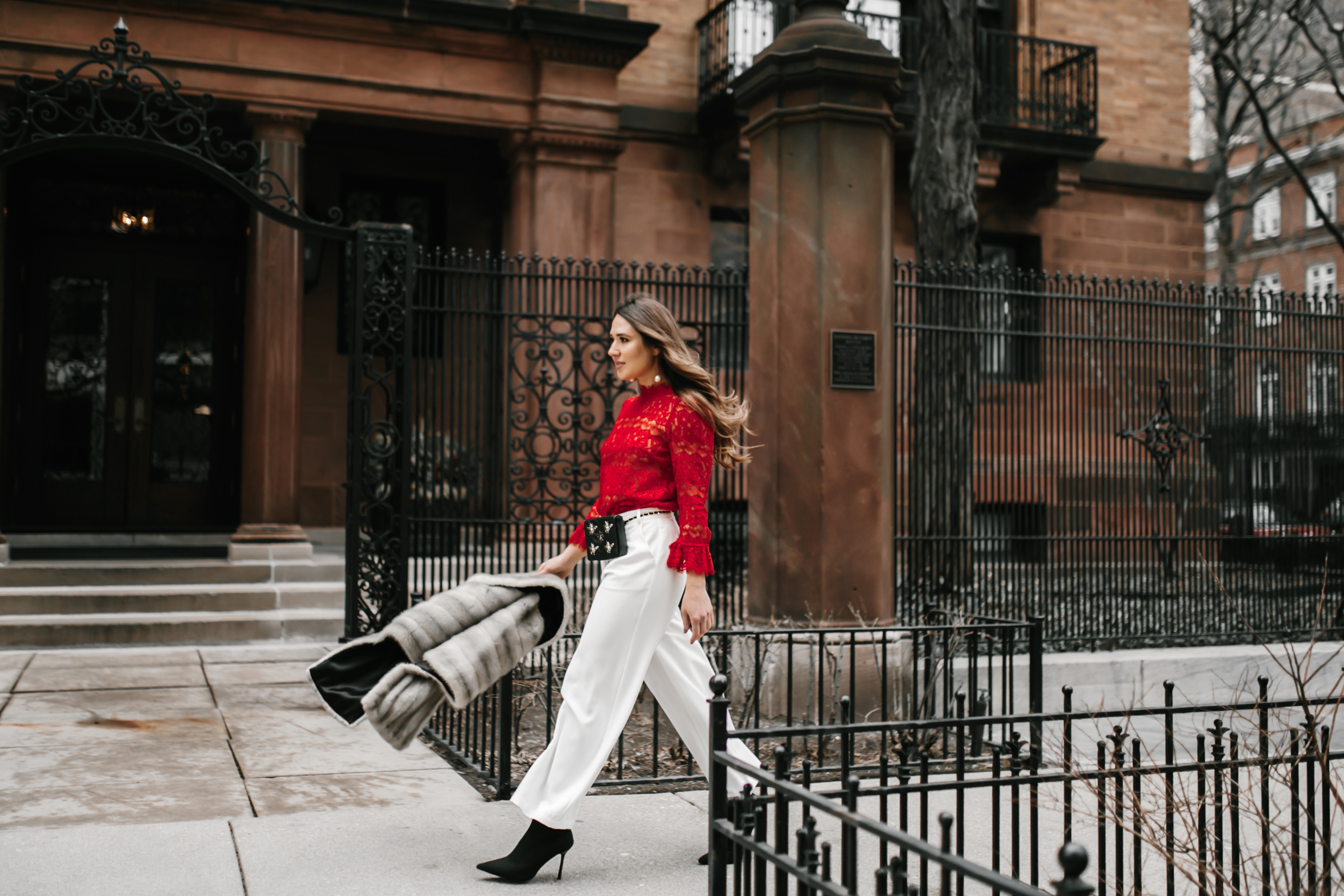 sexy-red-lace-top-white-wide-leg-pants-gucci-belt-bag-fanny-pack-fur-stole-shawl-outfit-inspo