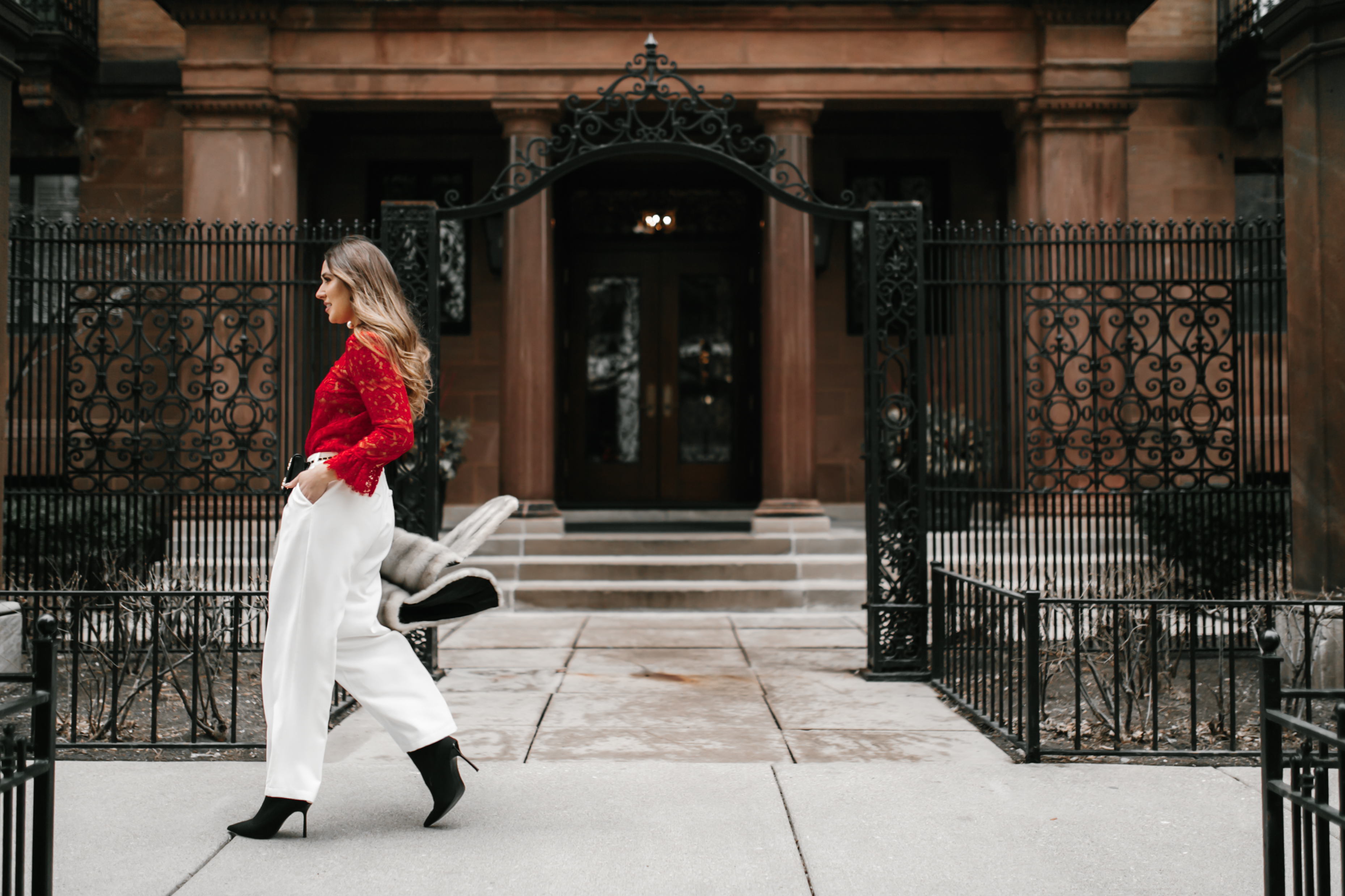 sexy-red-lace-top-white-wide-leg-pants-gucci-belt-bag-fanny-pack-fur-stole-shawl-outfit-inspo