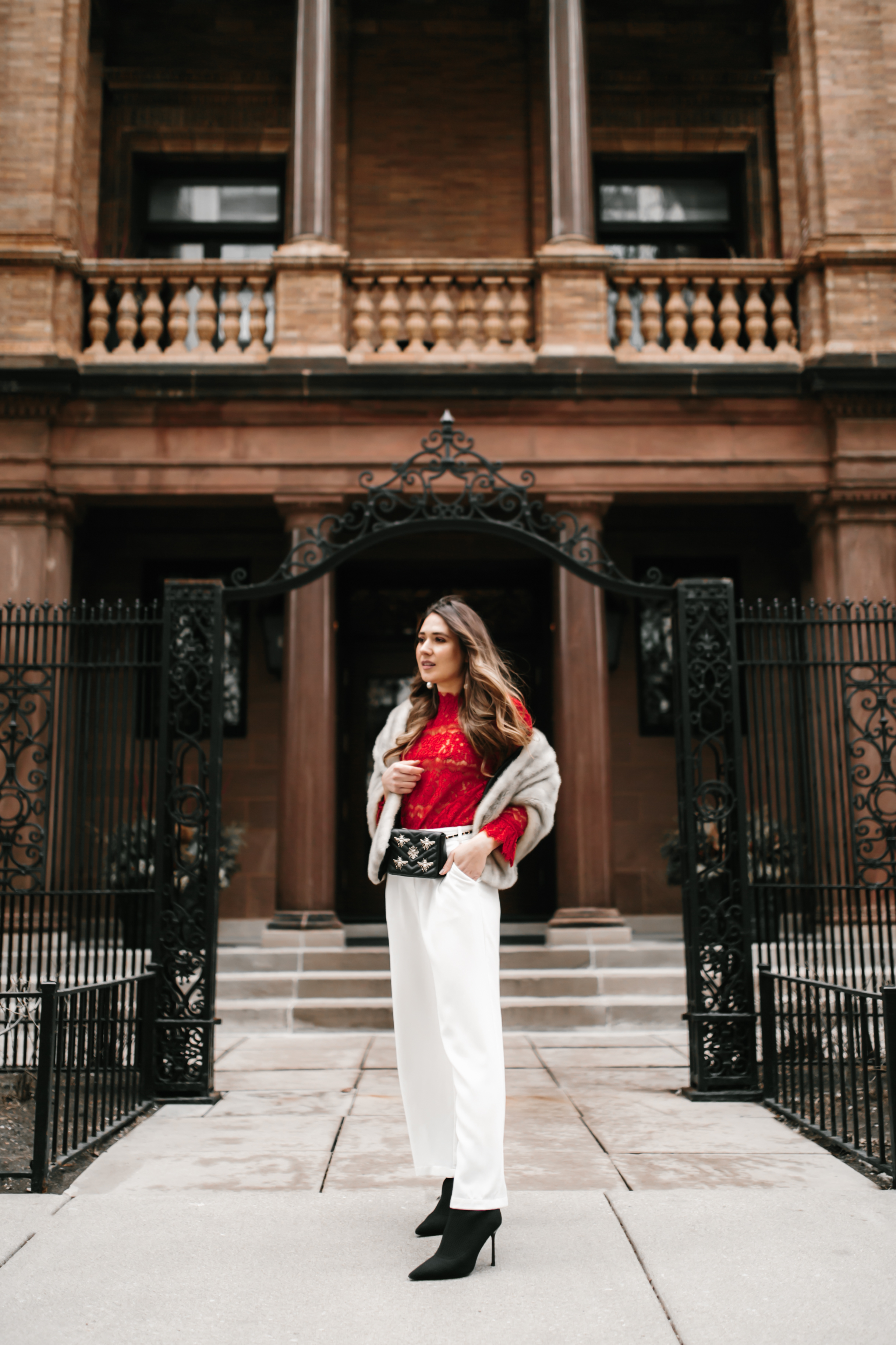 sexy-red-lace-top-white-wide-leg-pants-gucci-belt-bag-fanny-pack-fur-stole-shawl-outfit-inspo