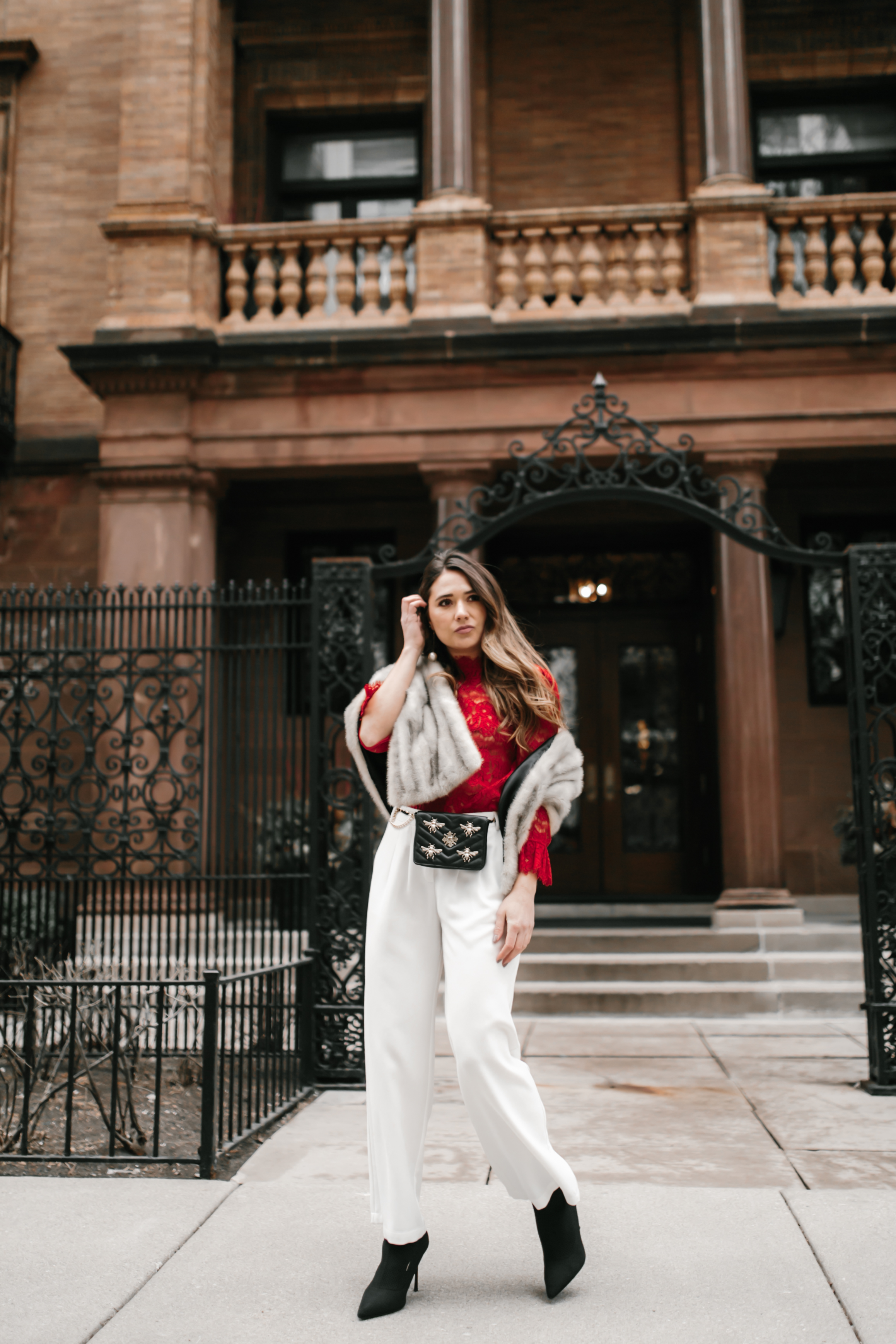 sexy-red-lace-top-white-wide-leg-pants-gucci-belt-bag-fanny-pack-fur-stole-shawl-outfit-inspo