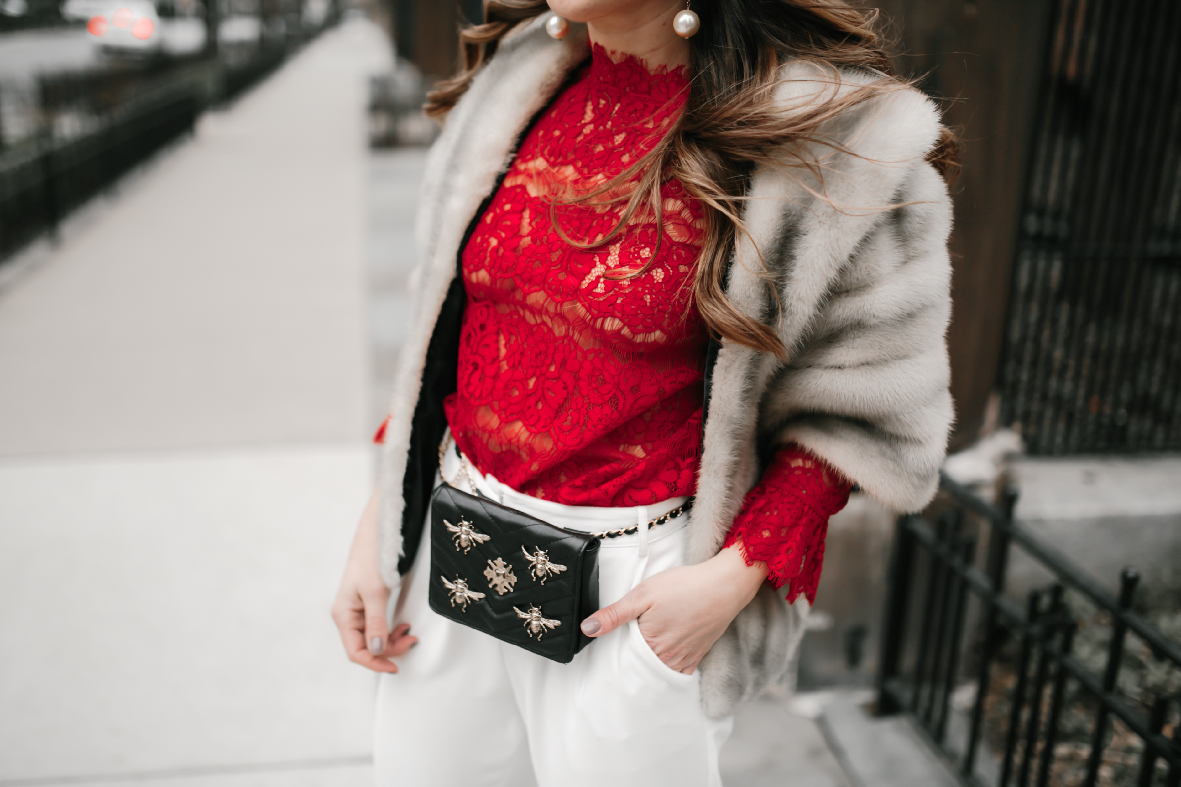 -pearl-drop-earrings-sexy-red-lace-top-white-wide-leg-pants-gucci-belt-bag-fanny-pack-fur-stole-shawl-outfit-inspo