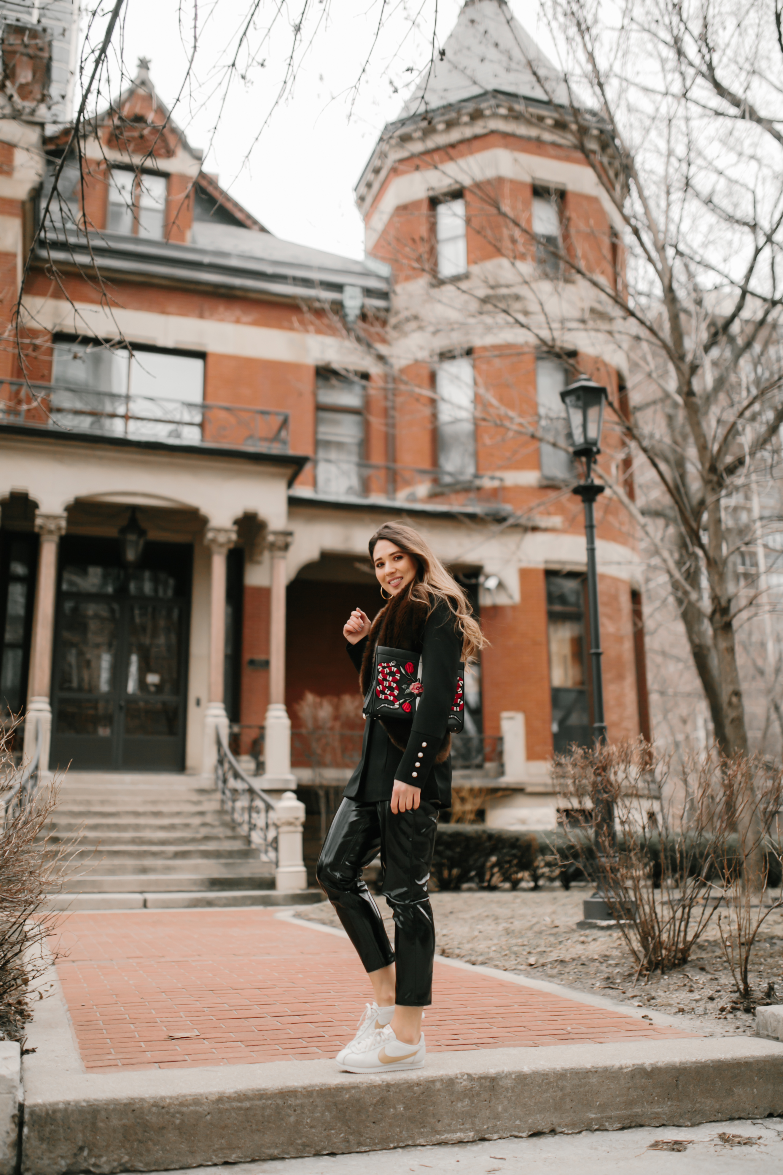 pearl-blazer-vinyl-pants-nike-cortez-gucci-bag-casual-cool-chill-outfit-inspo