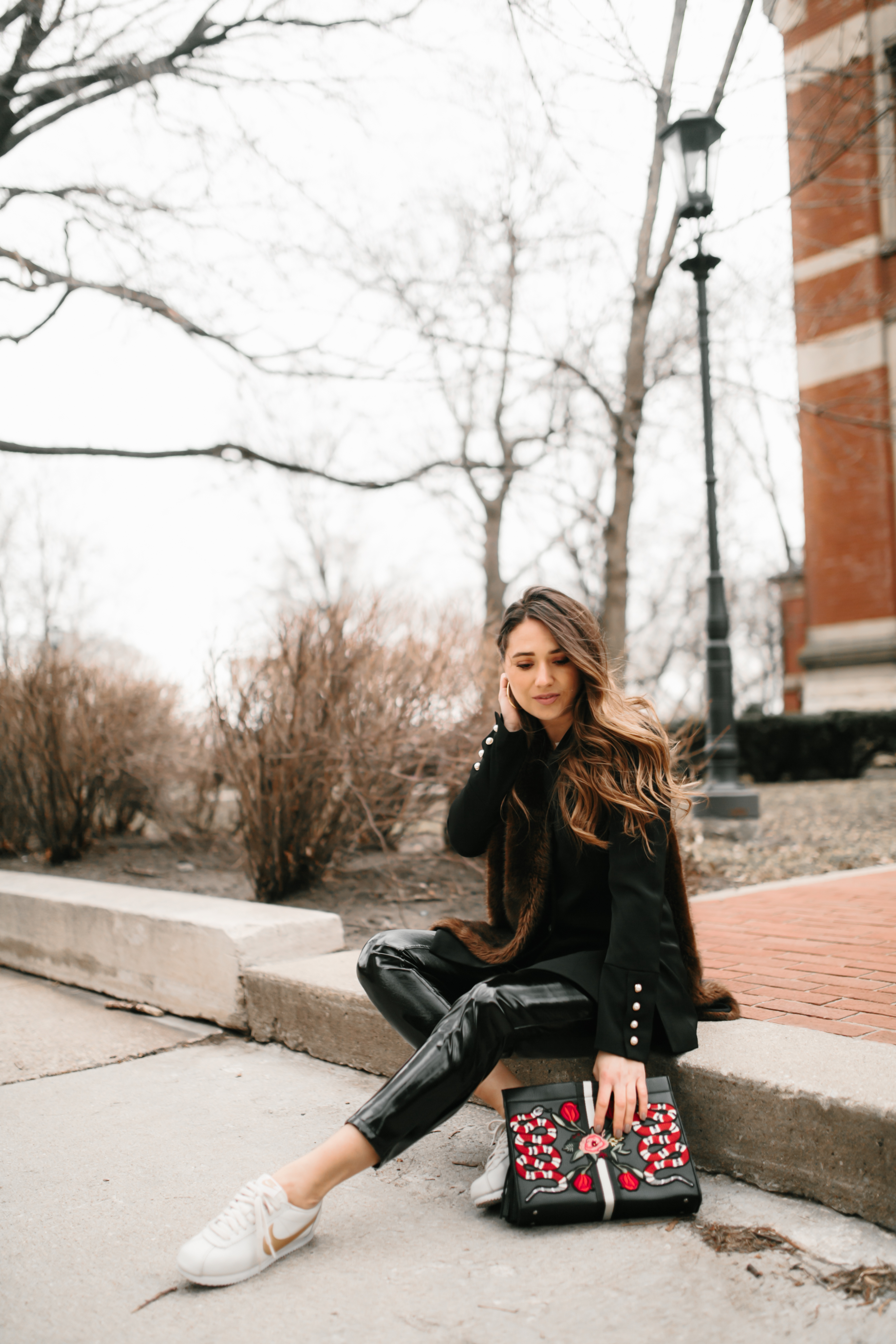 pearl-blazer-vinyl-pants-nike-cortez-gucci-bag-casual-cool-chill-outfit-inspo