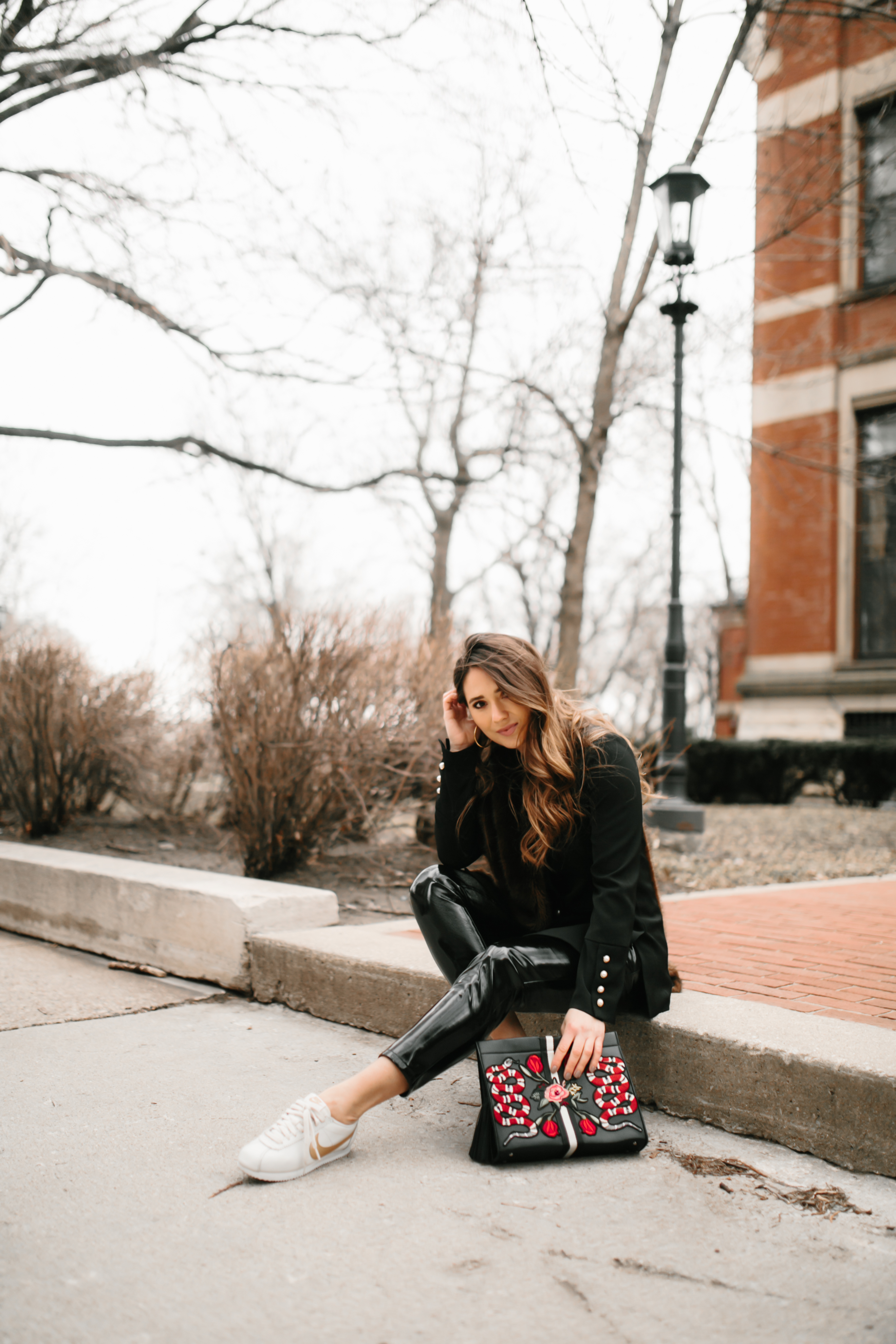 pearl-blazer-vinyl-pants-nike-cortez-gucci-bag-casual-cool-chill-outfit-inspo