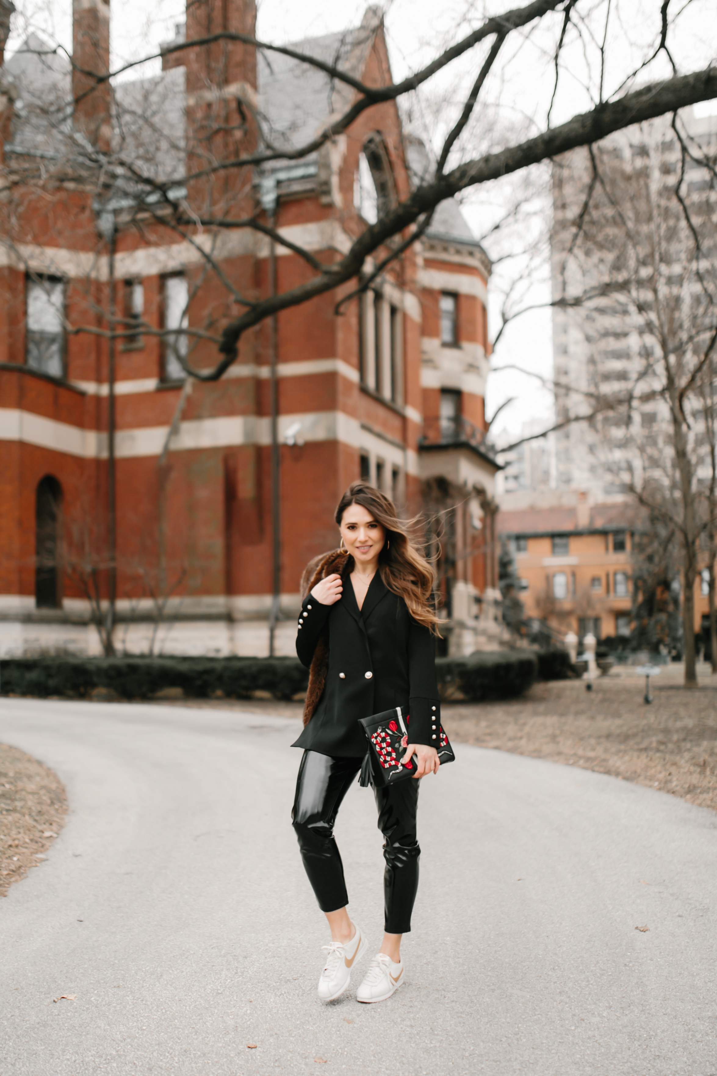 pearl-blazer-vinyl-pants-nike-cortez-gucci-bag-casual-cool-chill-outfit-inspo