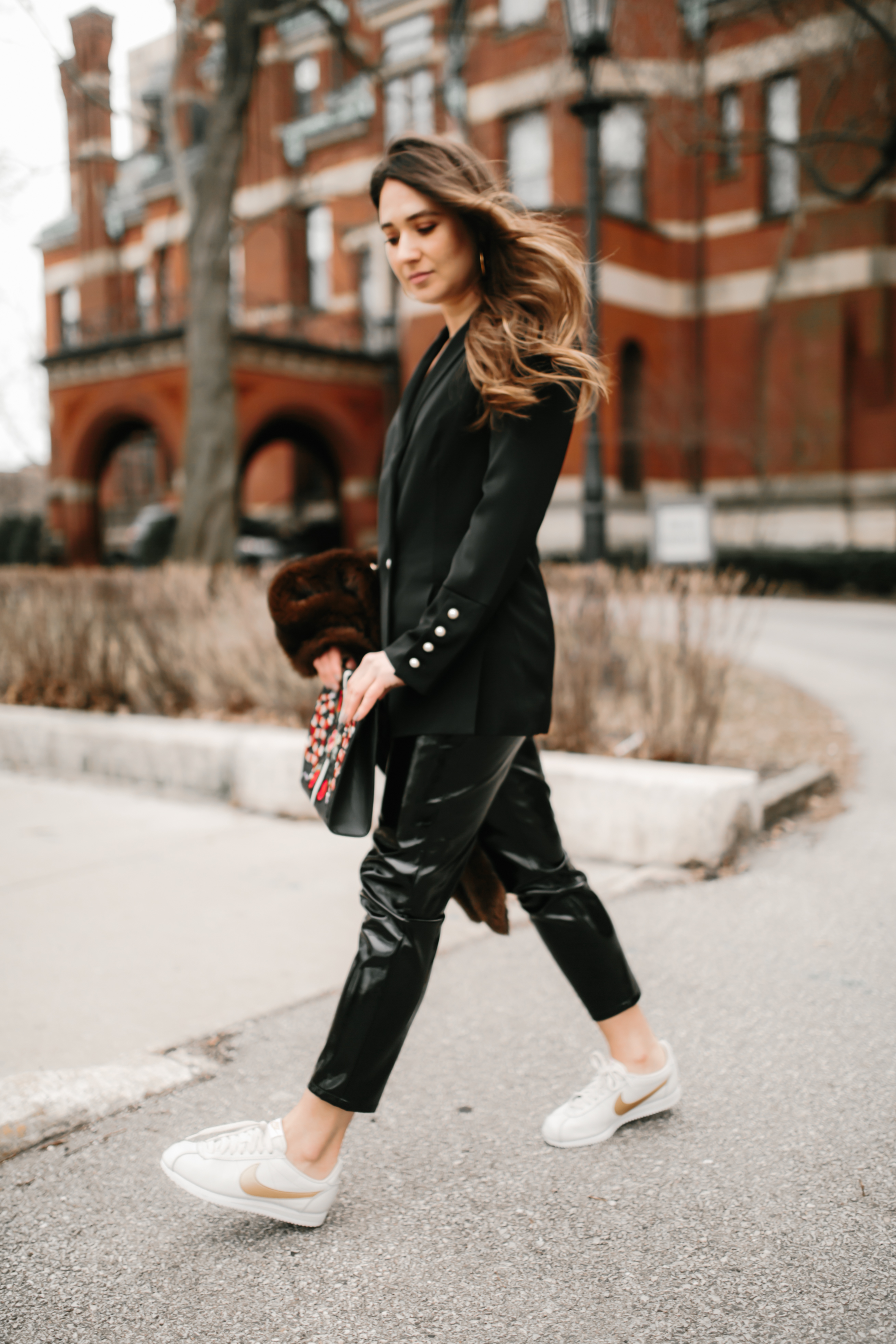 pearl-blazer-vinyl-pants-nike-cortez-gucci-bag-casual-cool-chill-outfit-inspo