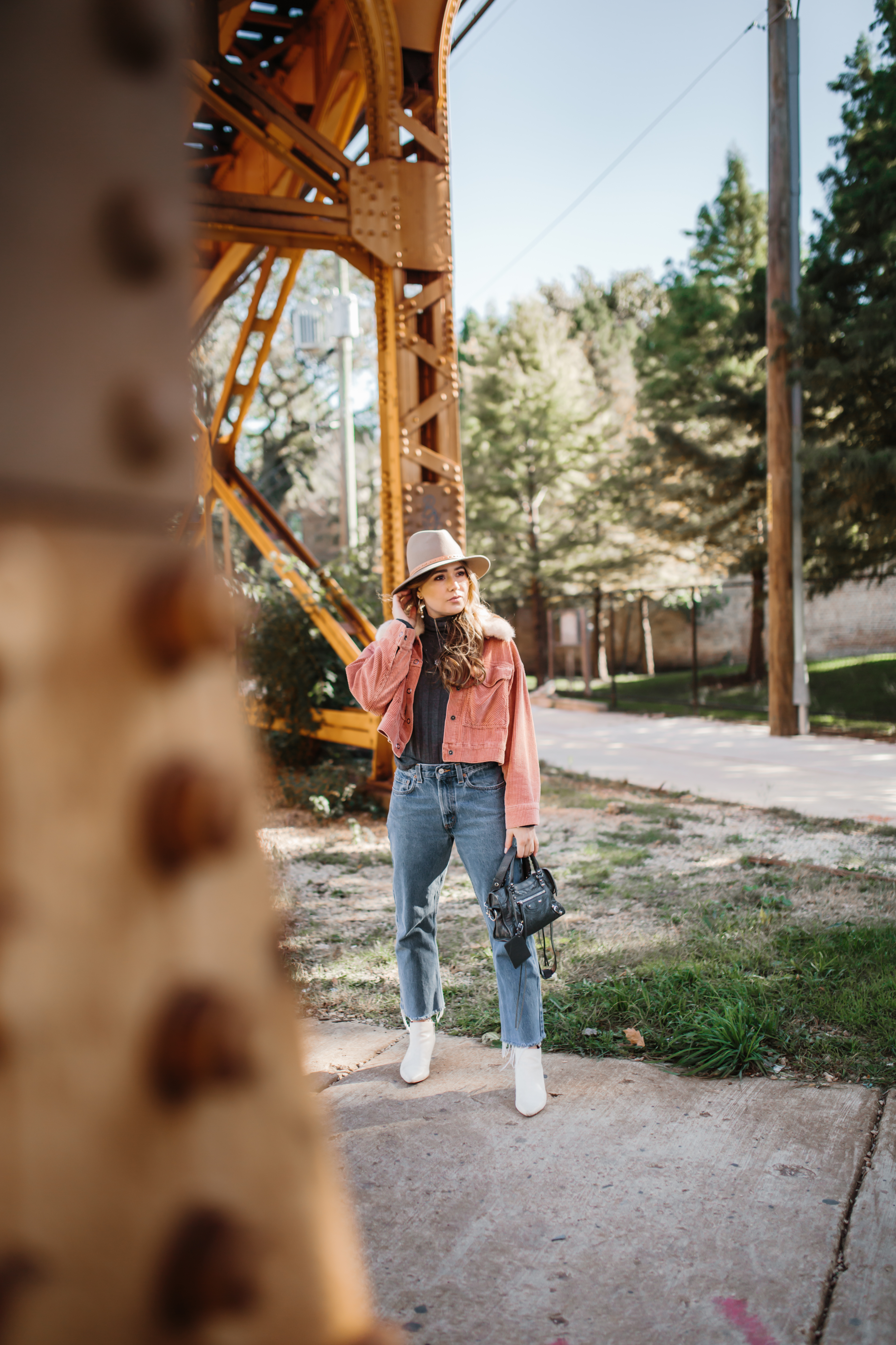 blush-courderoy-bomber-white-booties-fall-hat-denim-outfit-inspo