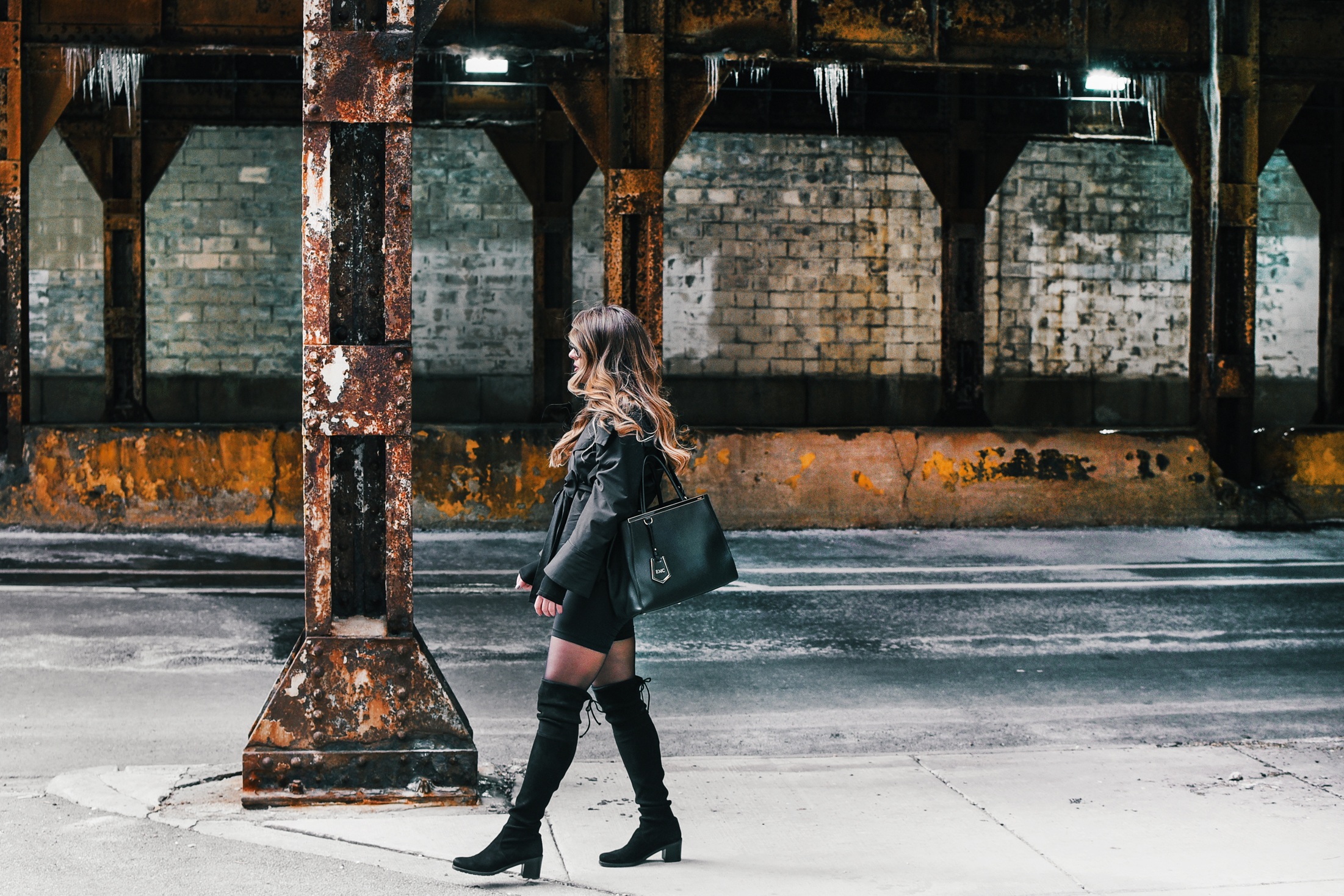 chic-biker-shorts-outfit-black-over-the-knee-boots-tights-tie-trench-fendi-purse