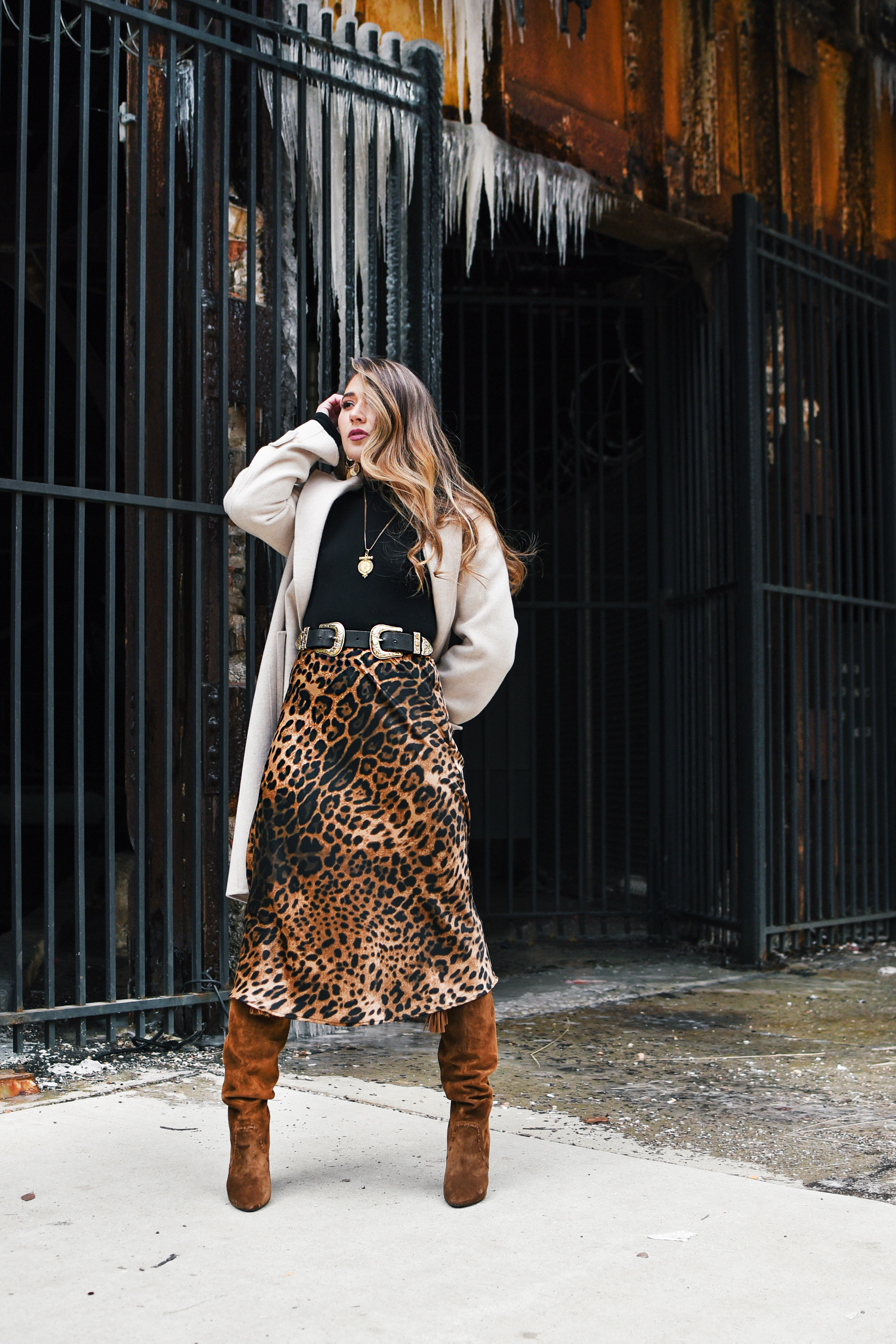 cheetah-skirt-ysl-fringe-boot-long-trench-coat-winter-spring-layers-style-outfit
