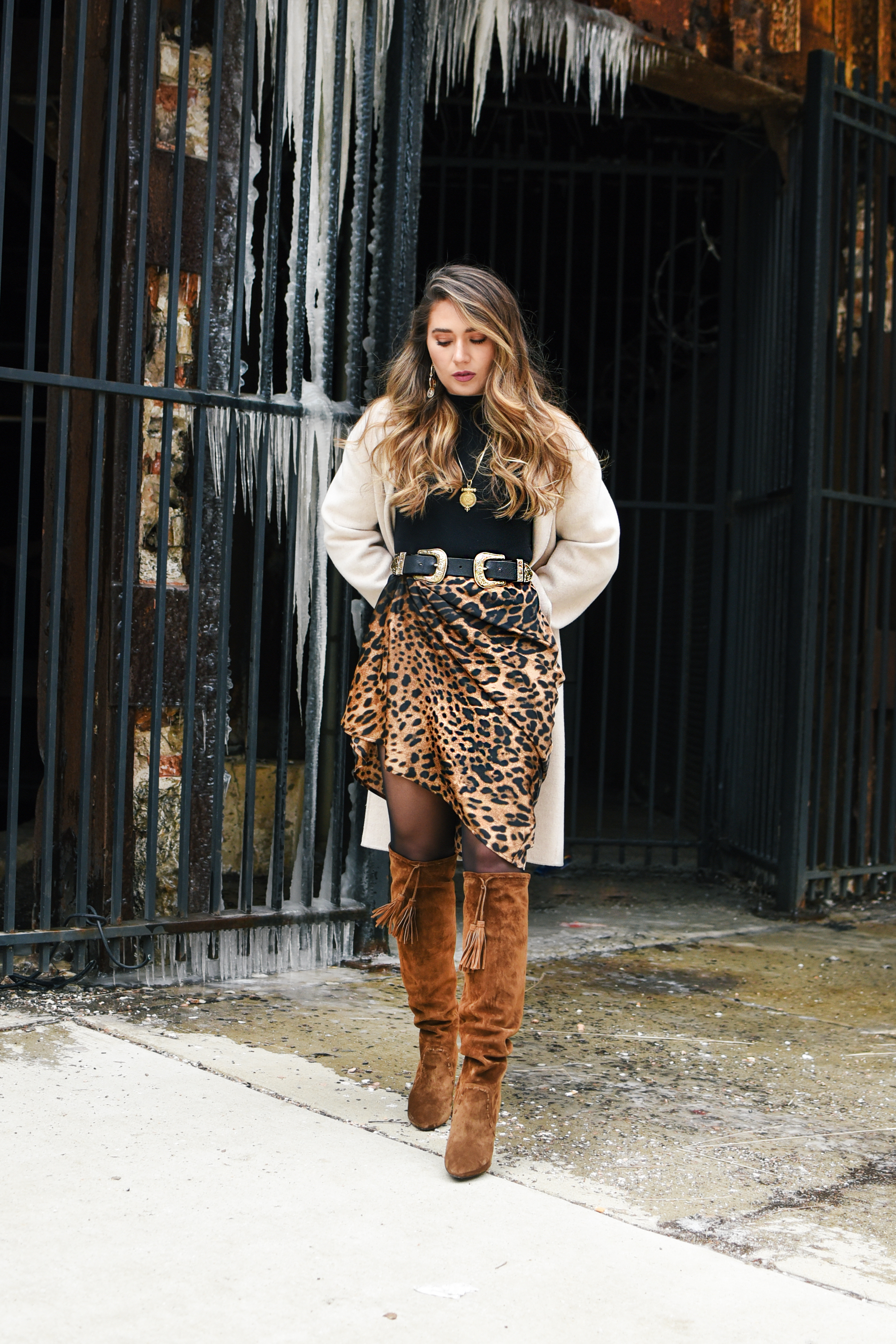 cheetah-skirt-ysl-fringe-boot-long-trench-coat-winter-spring-layers-style-outfit