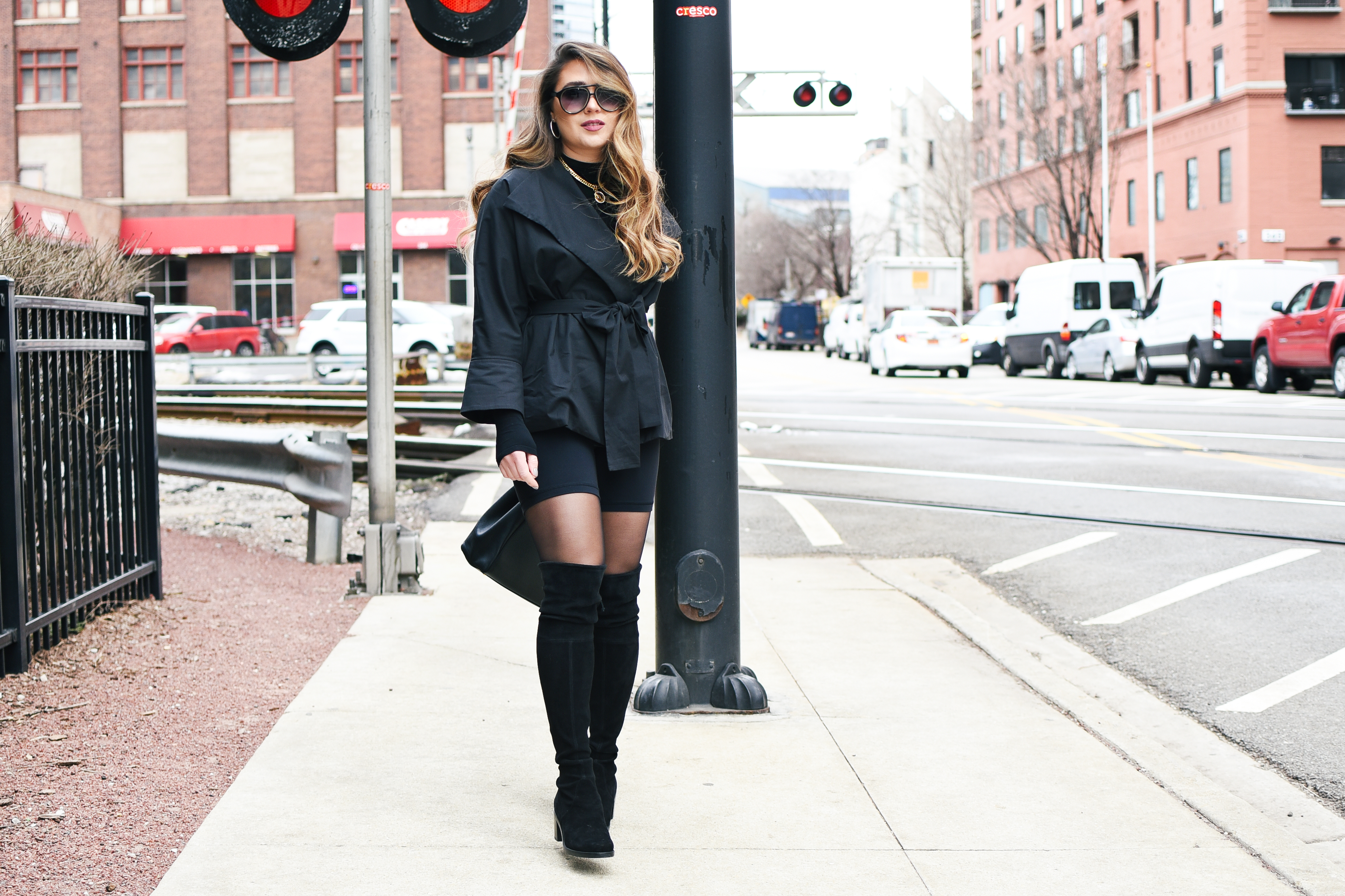 chic-biker-shorts-outfit-black-over-the-knee-boots-tights-tie-trench-fendi-purse