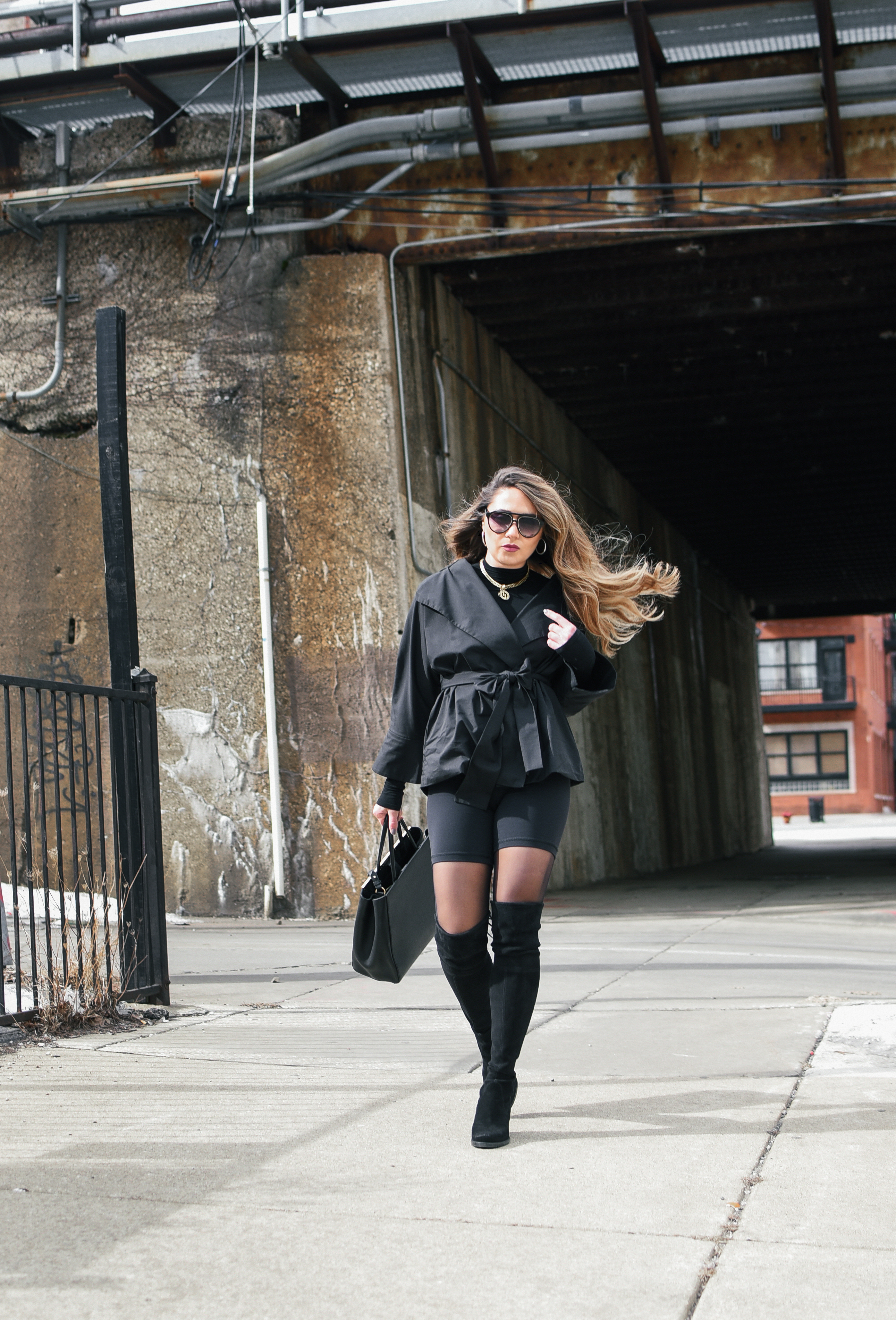 chic-biker-shorts-outfit-black-over-the-knee-boots-tights-tie-trench-fendi-purse