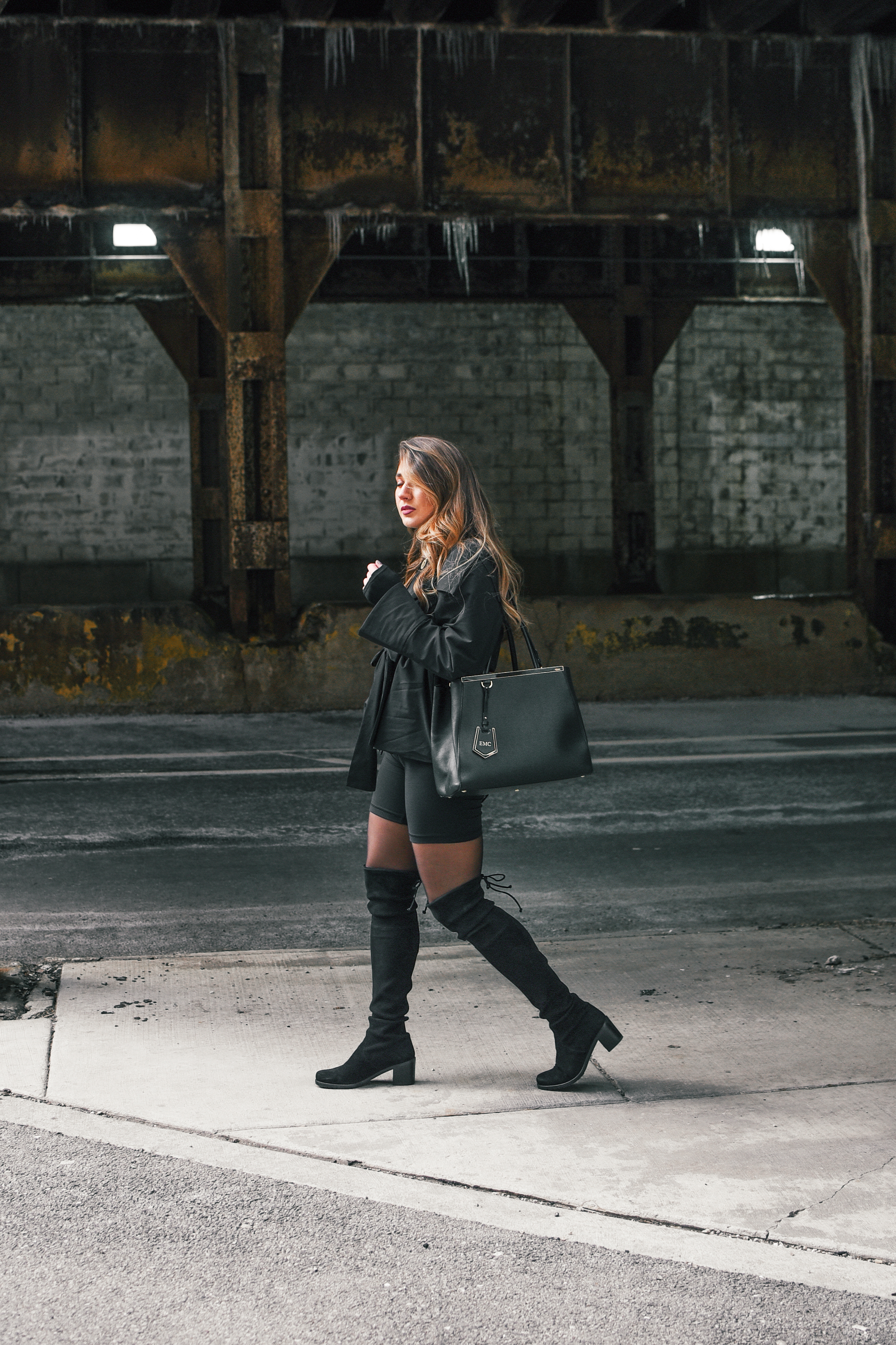 chic-biker-shorts-outfit-black-over-the-knee-boots-tights-tie-trench-fendi-purse