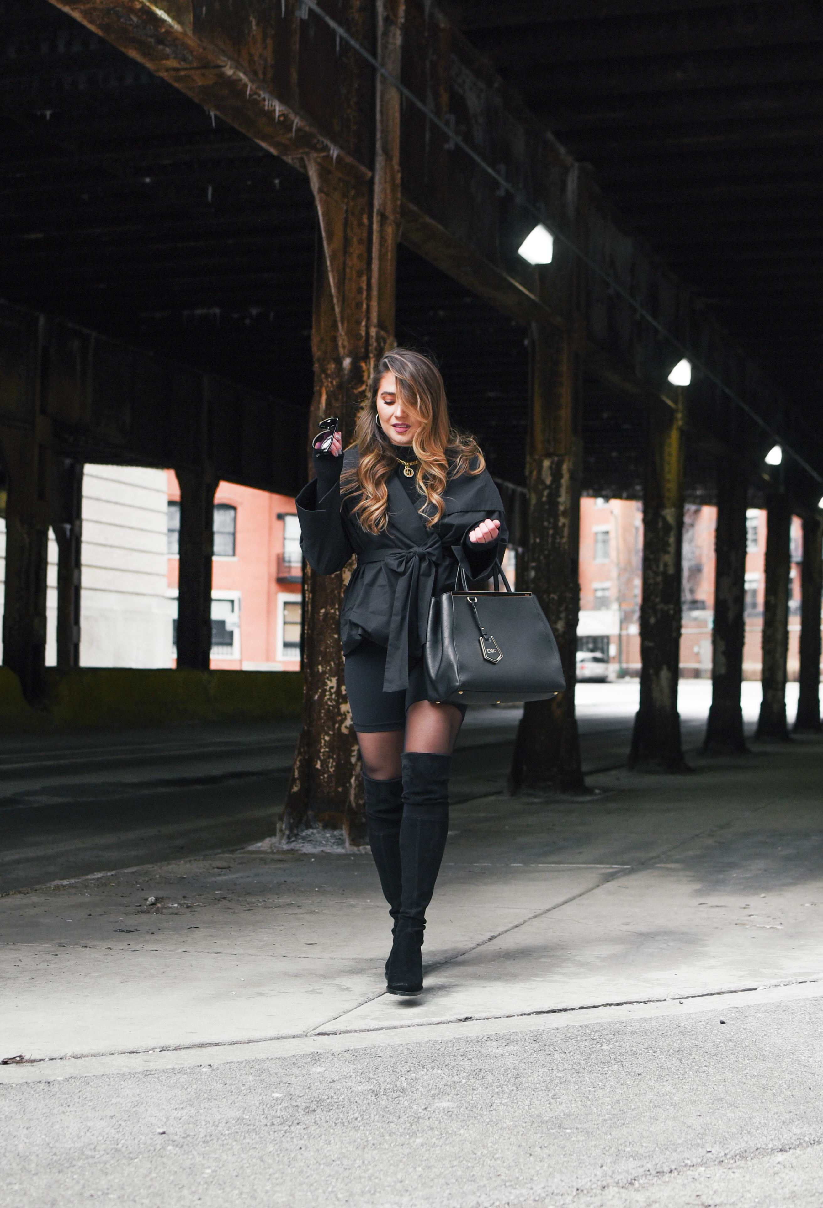 chic-biker-shorts-outfit-black-over-the-knee-boots-tights-tie-trench-fendi-purse