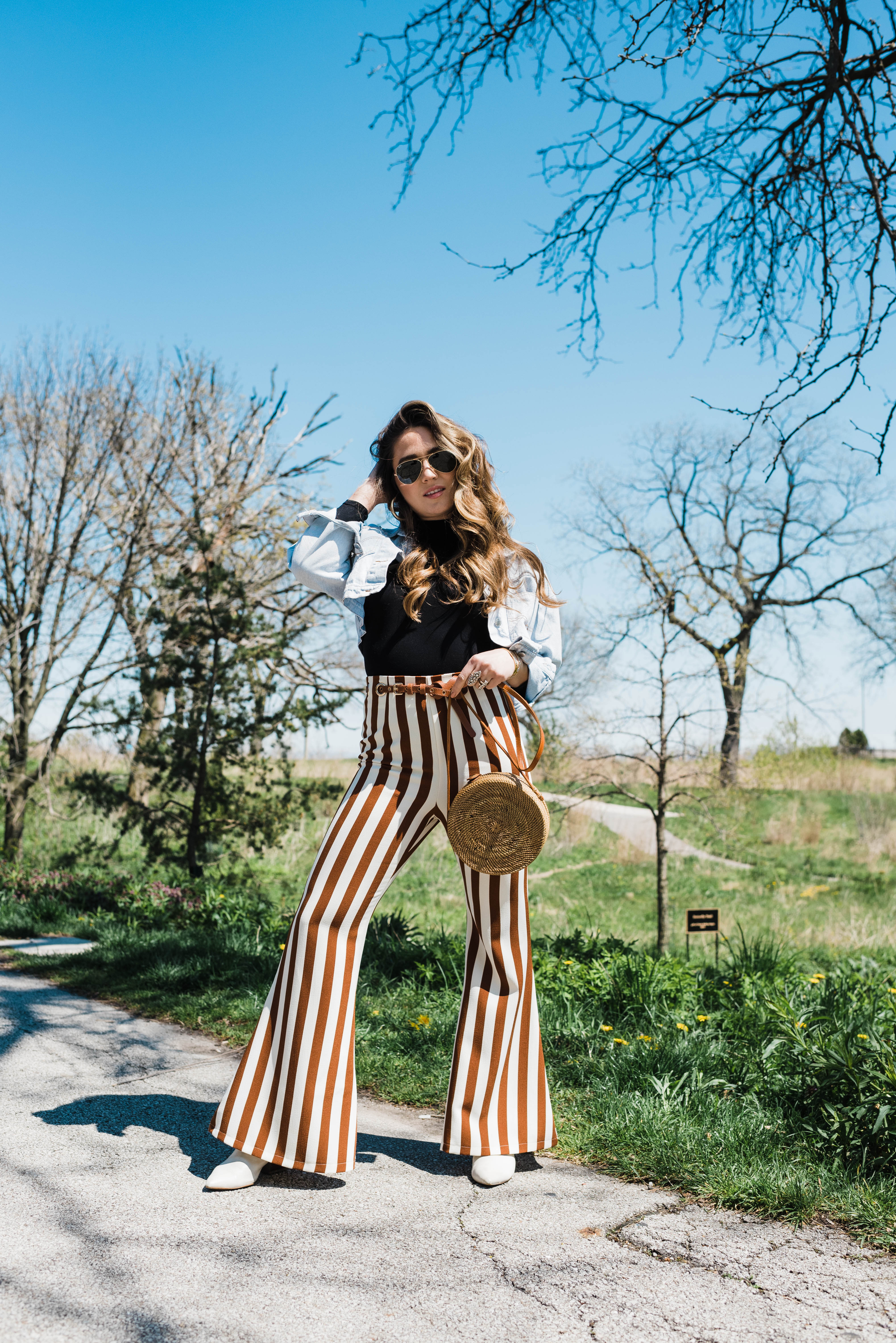 stripe-pants-jean-jacket-white-booties-spring-outfit-style