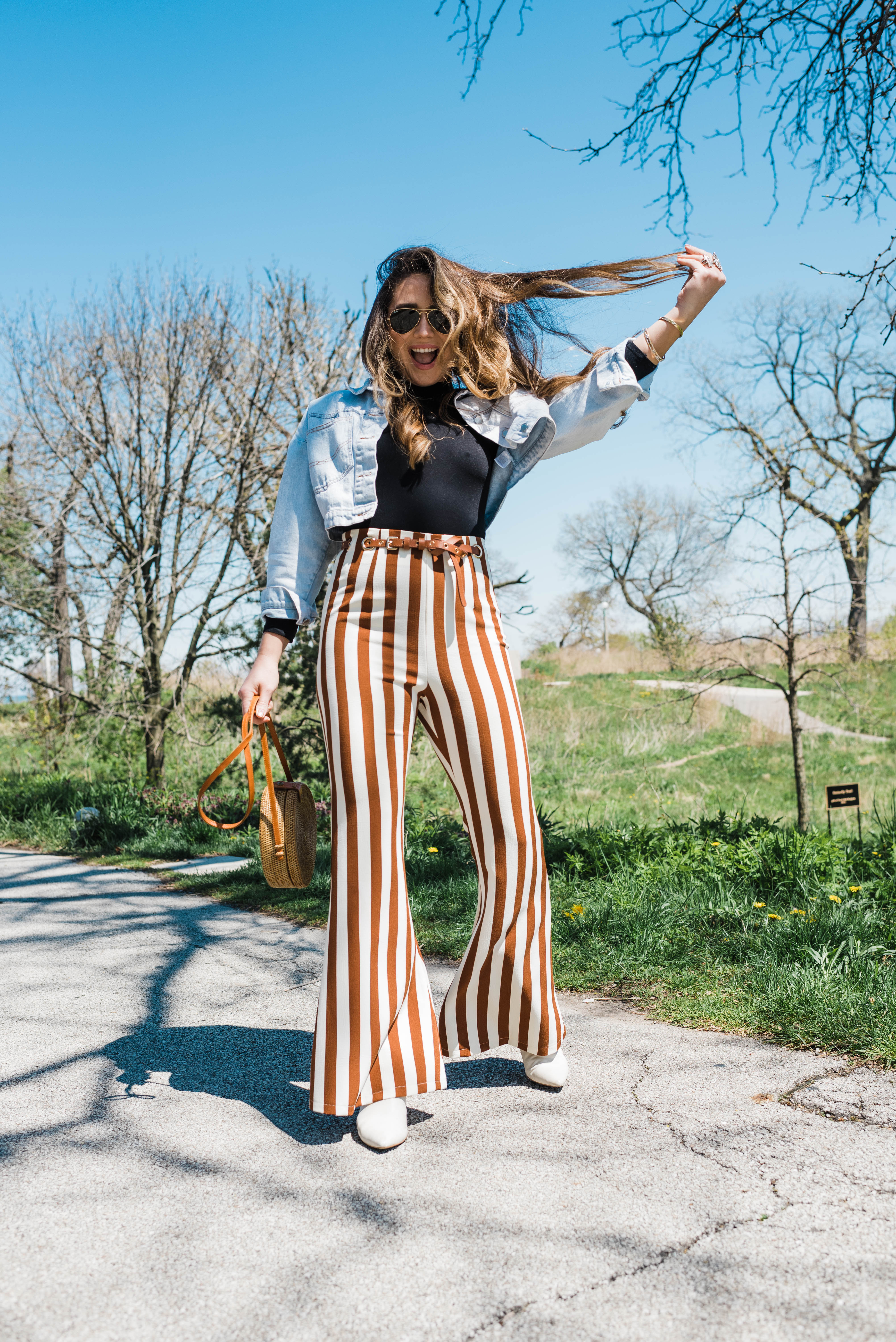 stripe-pants-jean-jacket-white-booties-spring-outfit-style