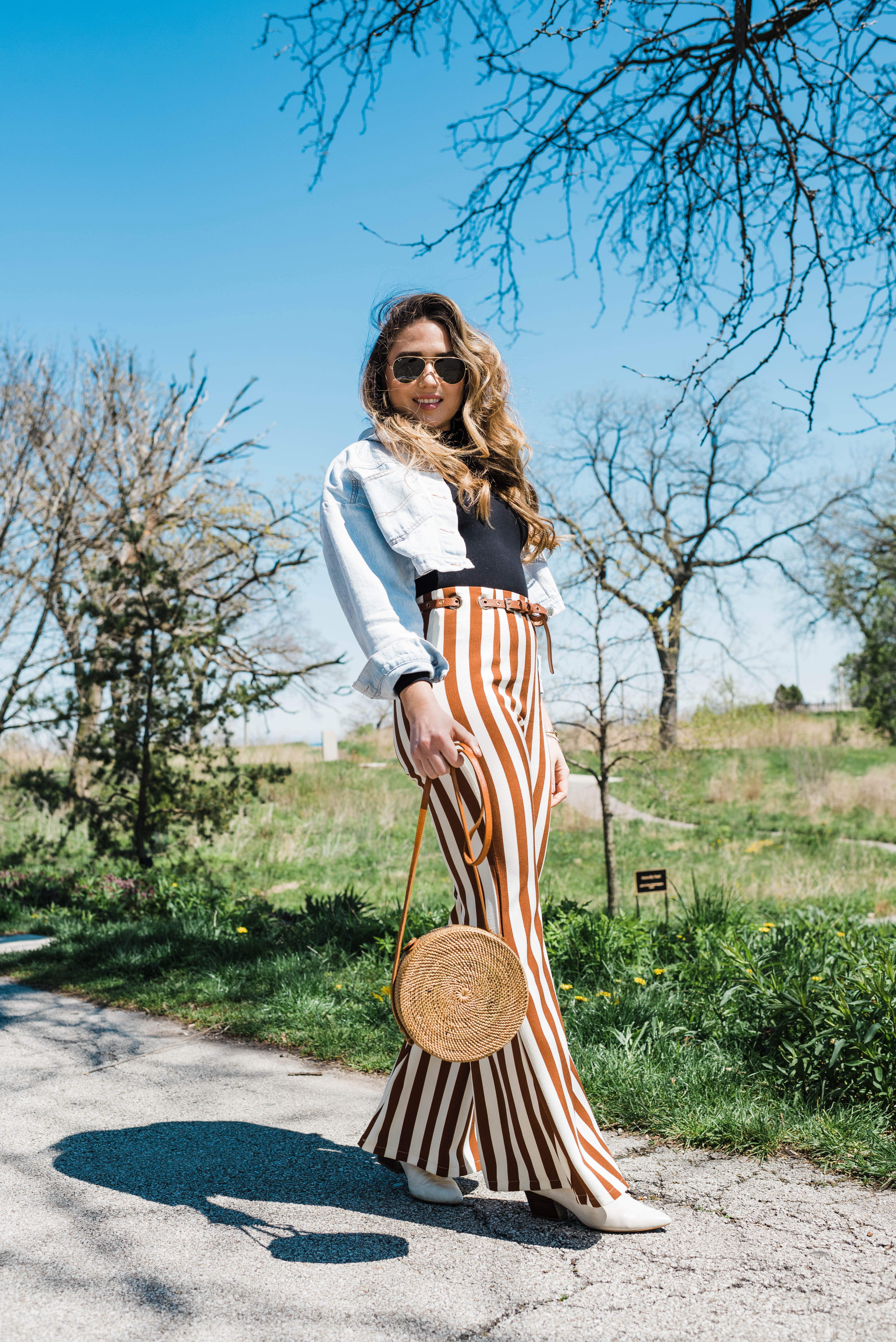 stripe-pants-jean-jacket-white-booties-spring-outfit-style