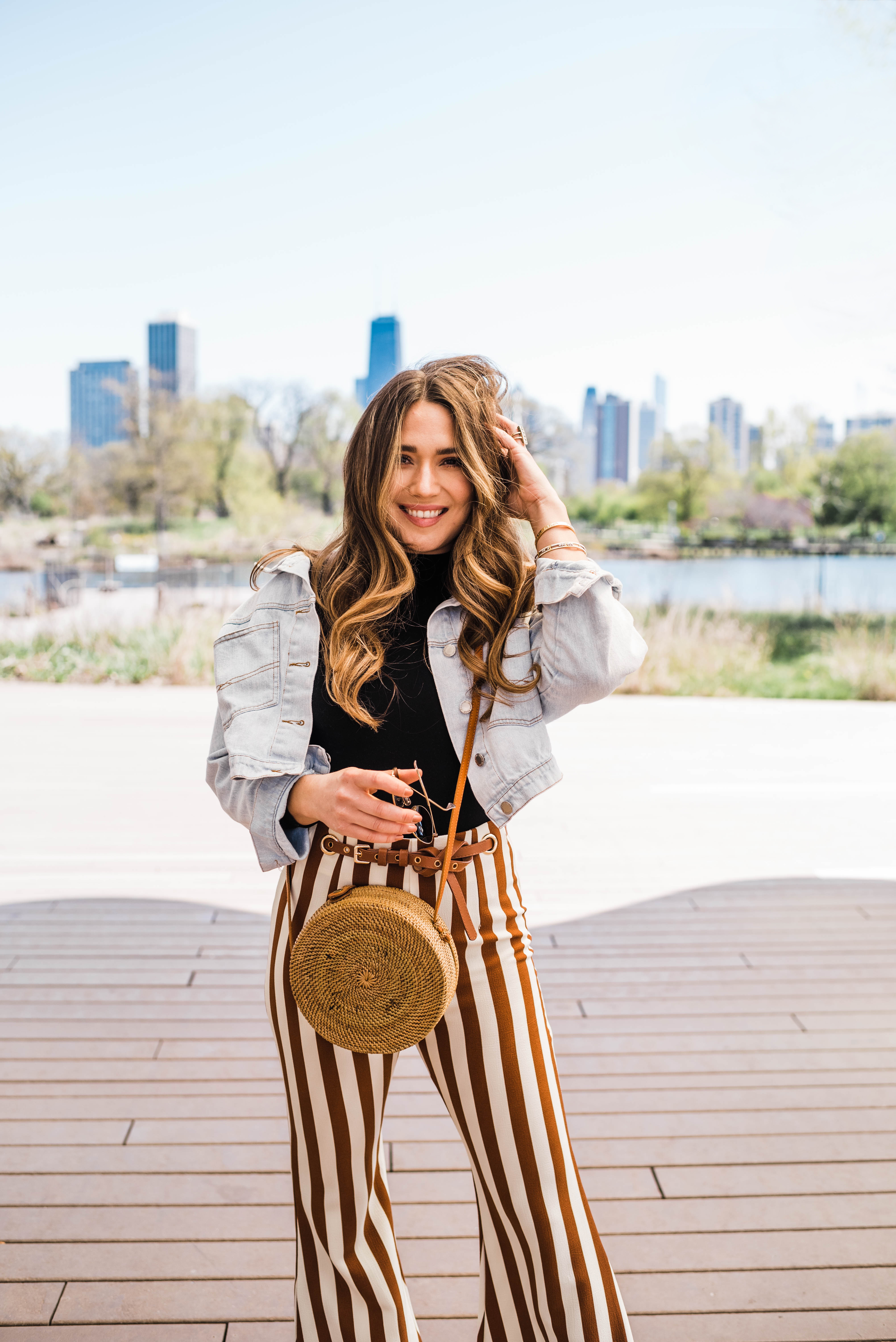 stripe-pants-jean-jacket-white-booties-spring-outfit-style