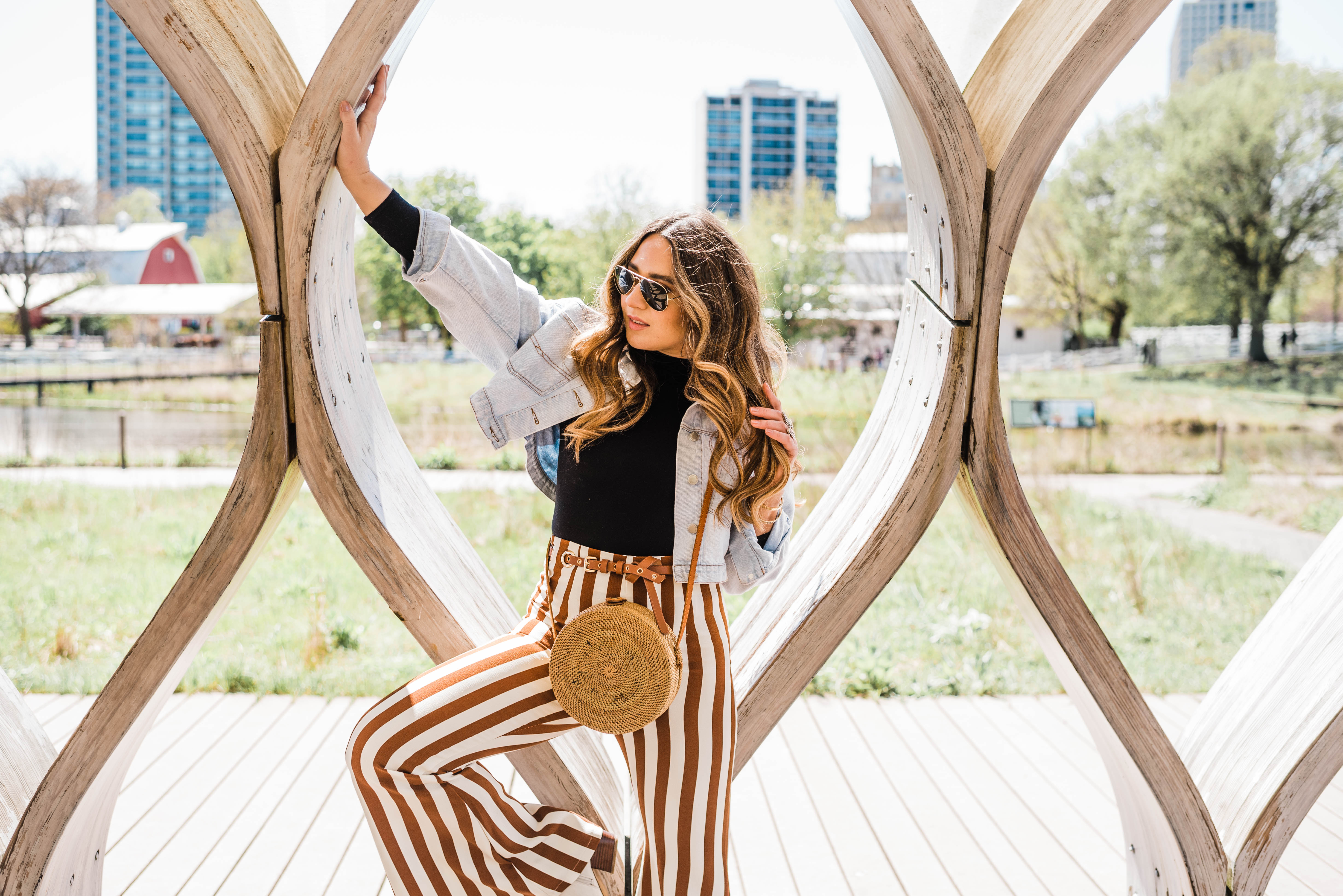 stripe-pants-jean-jacket-white-booties-spring-outfit-style