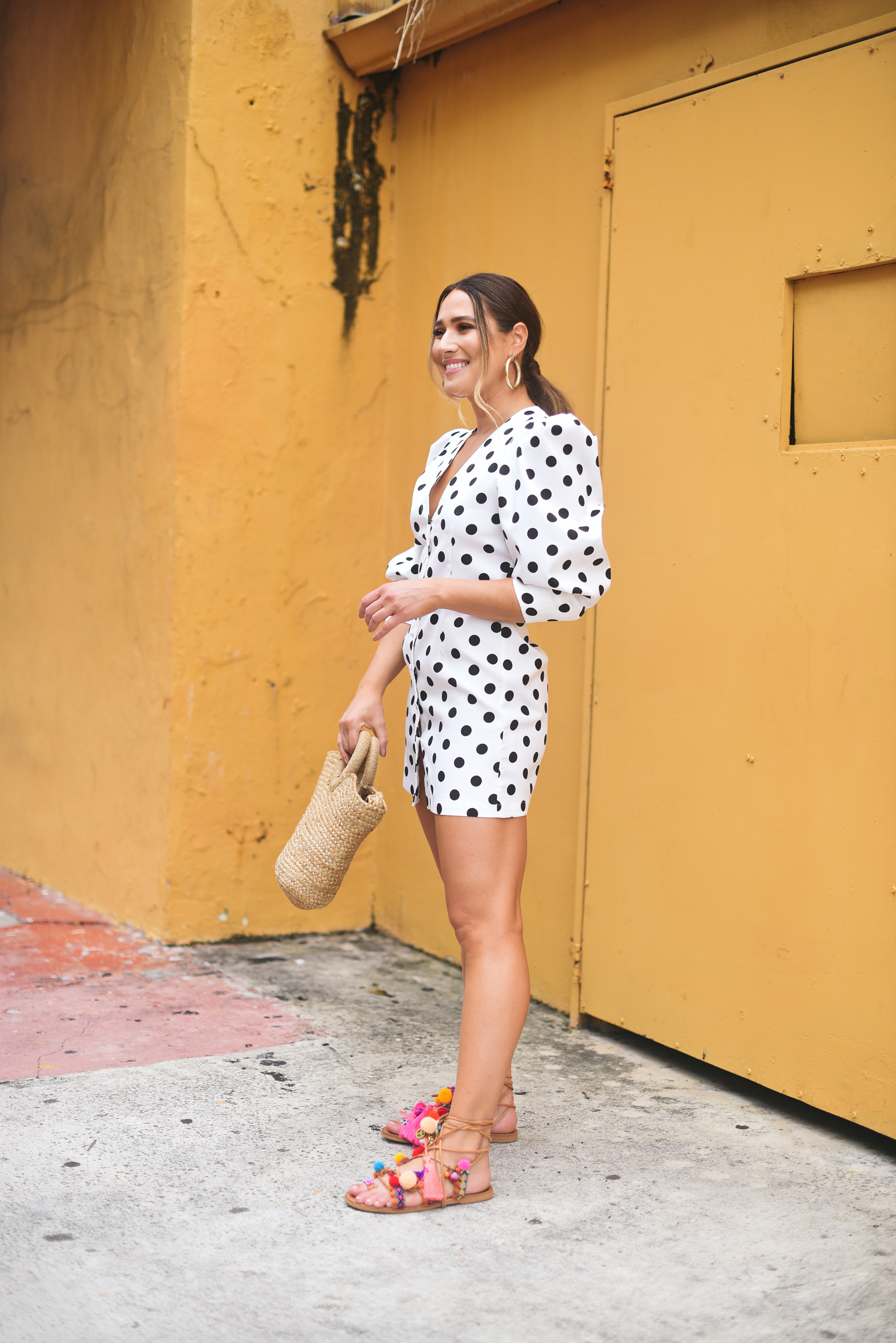 polka-dot-mini-dress-colorful-sandals-miami-street-style-look