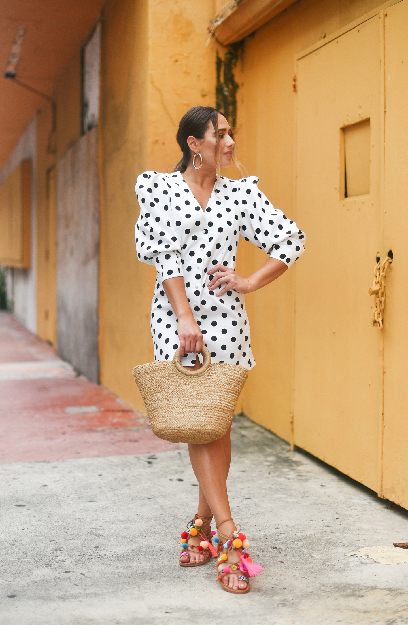 polka-dot-mini-dress-colorful-sandals-miami-street-style-look