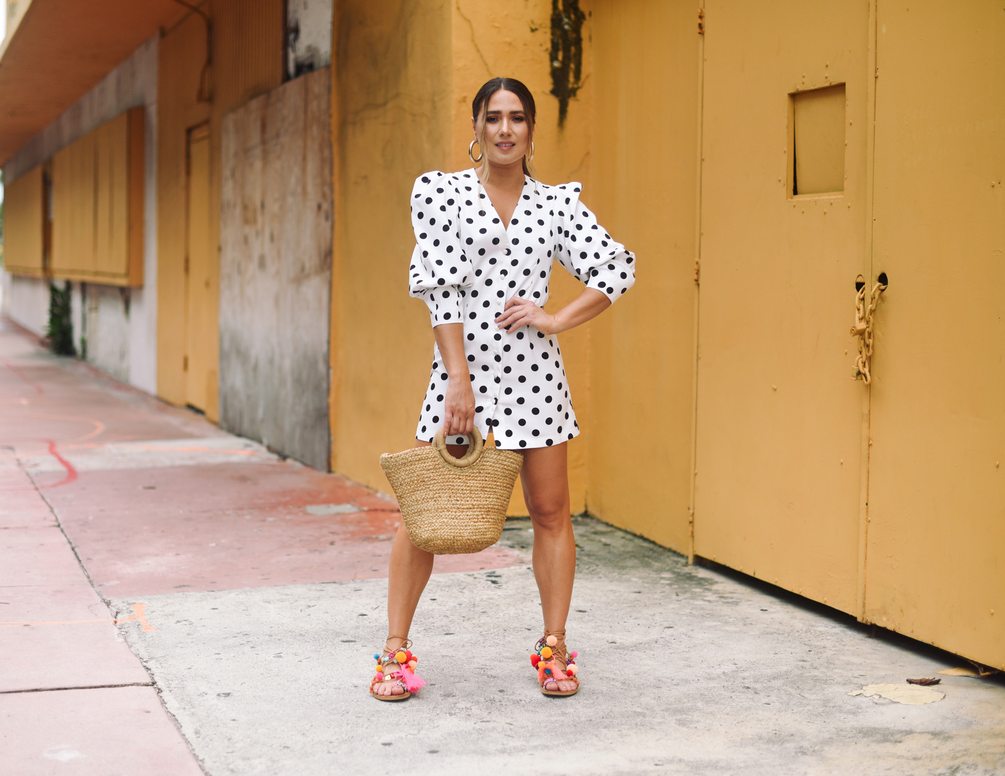 polka-dot-mini-dress-colorful-sandals-miami-street-style-look