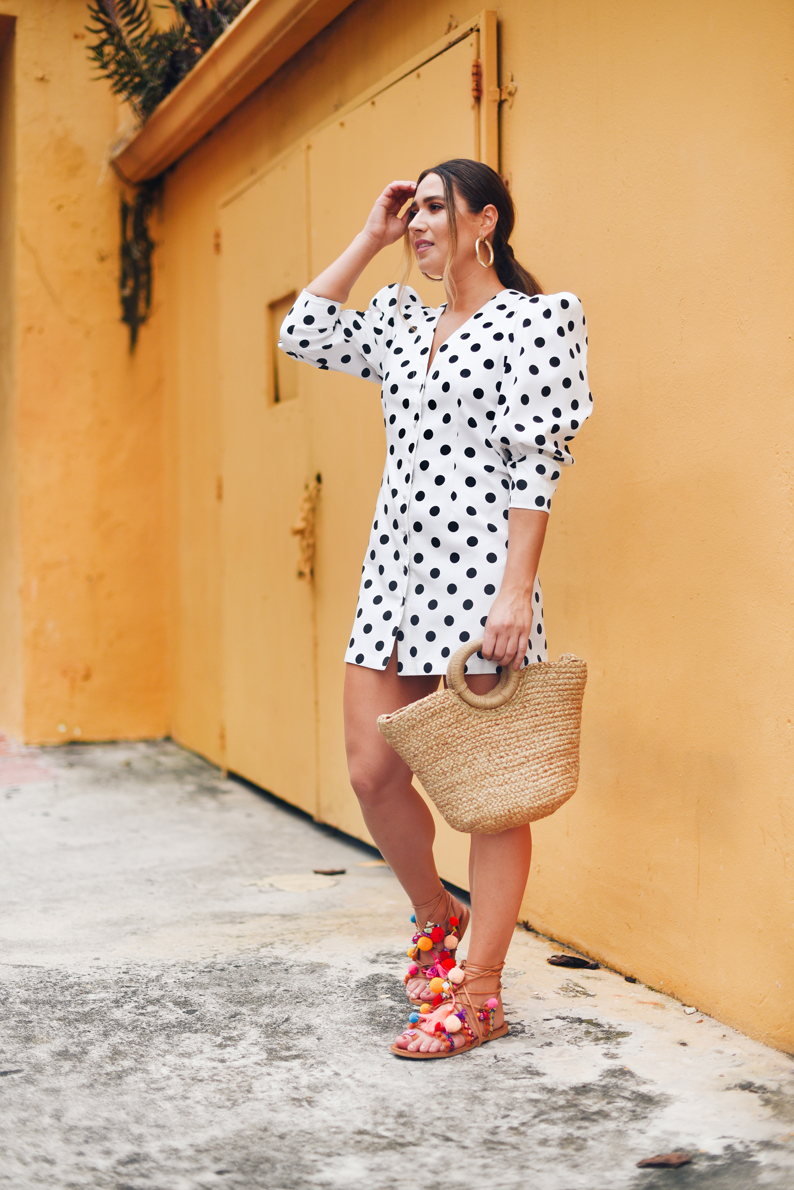 polka-dot-mini-dress-colorful-sandals-miami-street-style-look