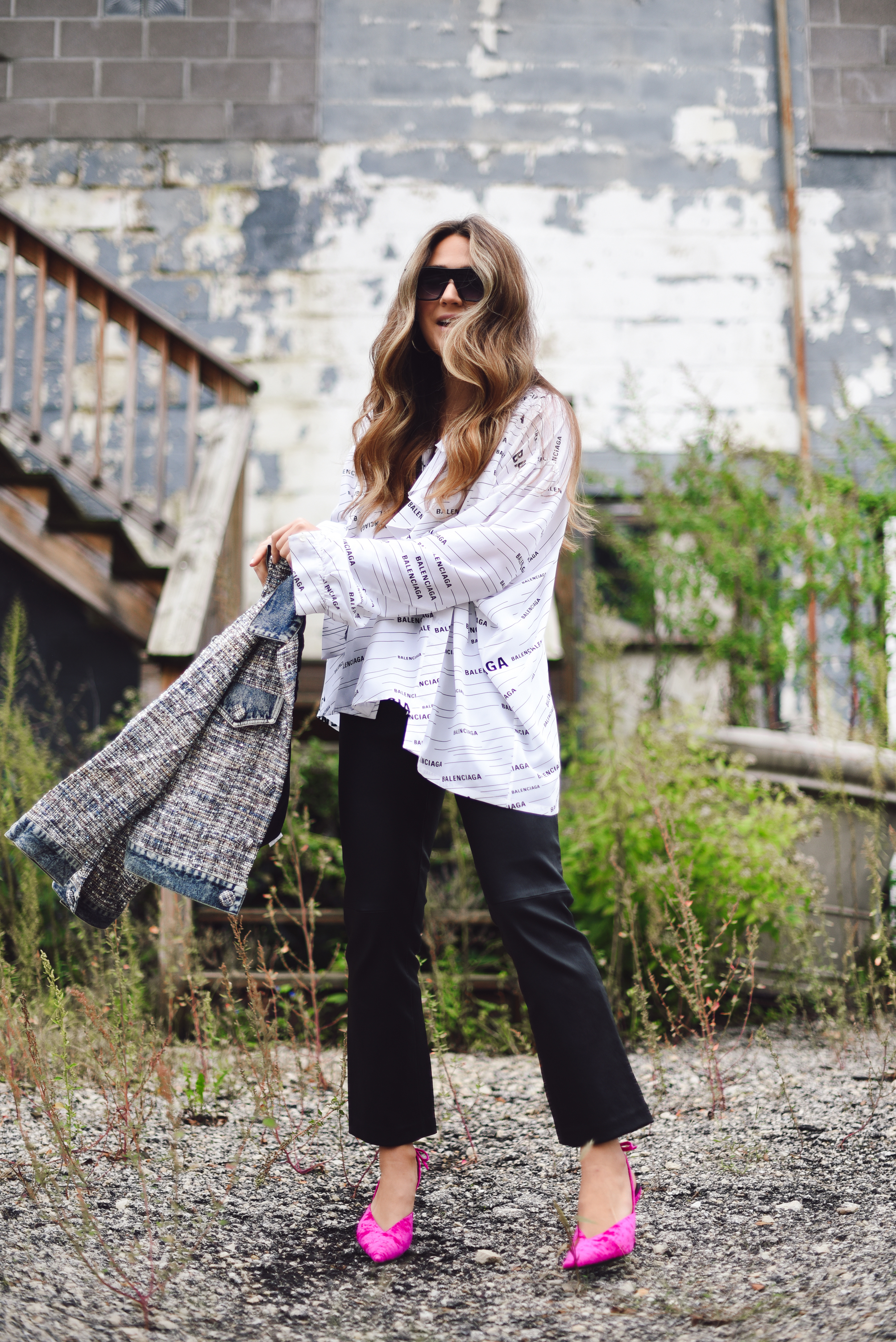 balenciaga-shirt-leather-pants-pink-pump-sparkle-jean-jacket-street-style-outfit