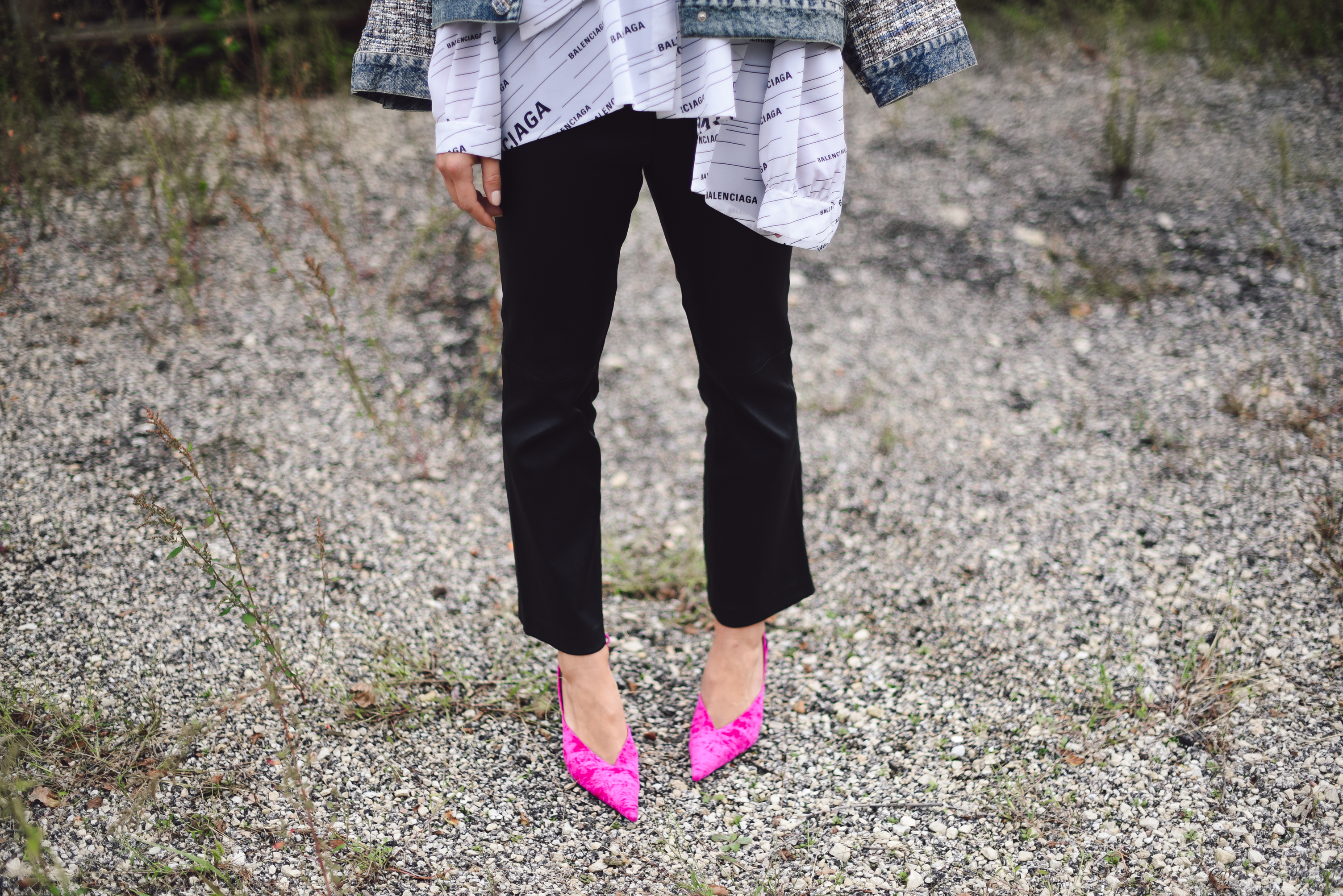 balenciaga-shirt-leather-pants-pink-pump-sparkle-jean-jacket-street-style-outfit