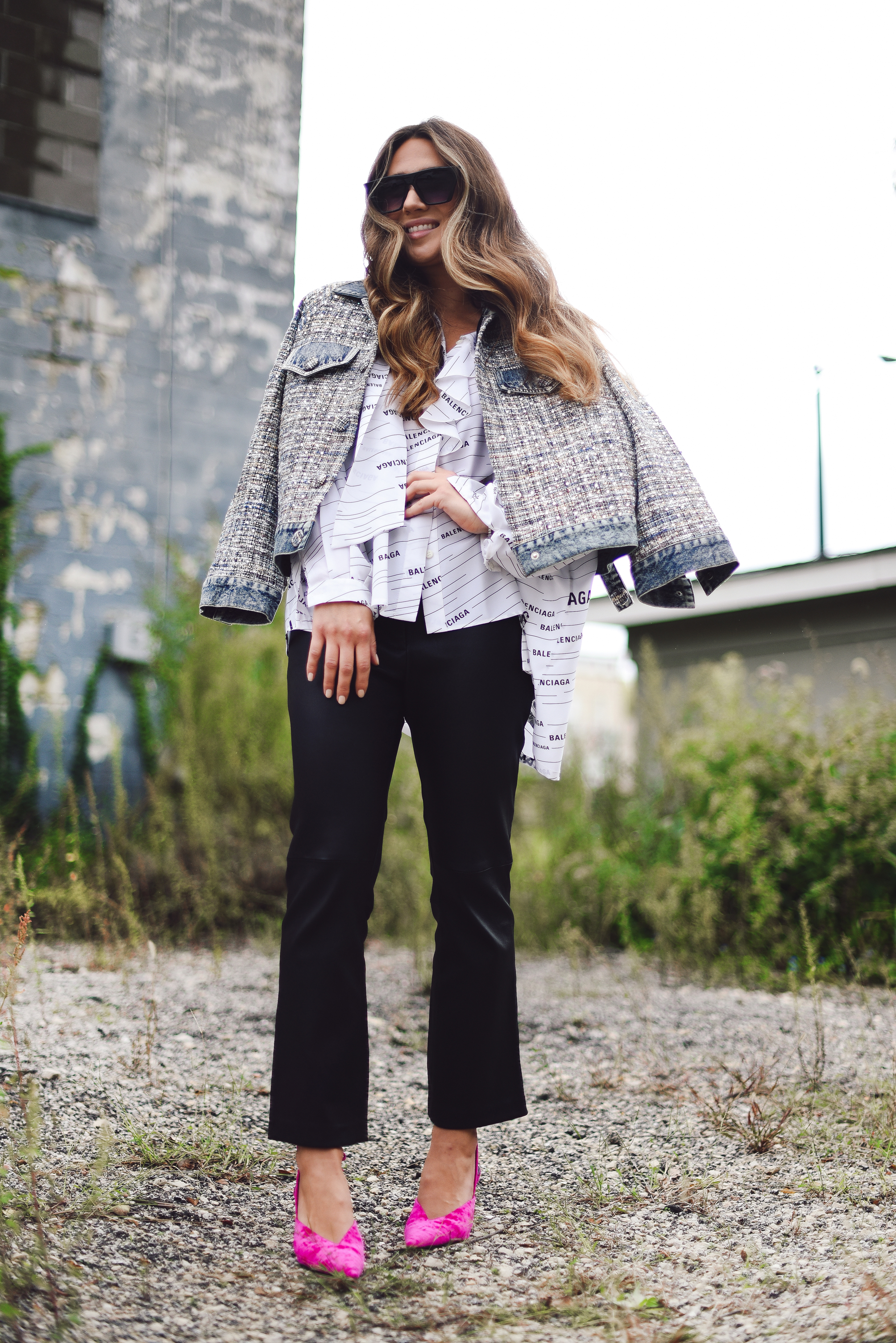 balenciaga-shirt-leather-pants-pink-pump-sparkle-jean-jacket-street-style-outfit