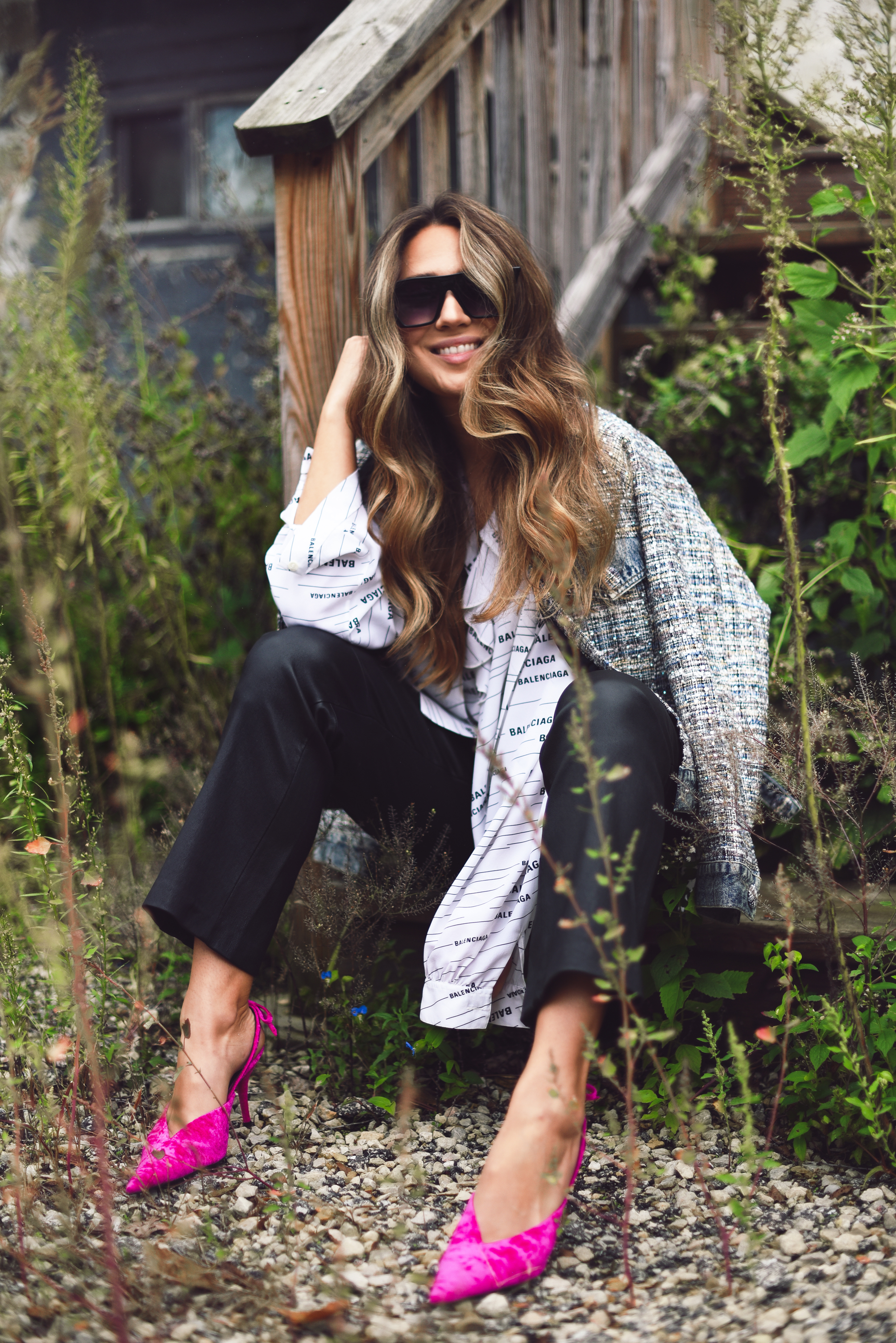 balenciaga-shirt-leather-pants-pink-pump-sparkle-jean-jacket-street-style-outfit