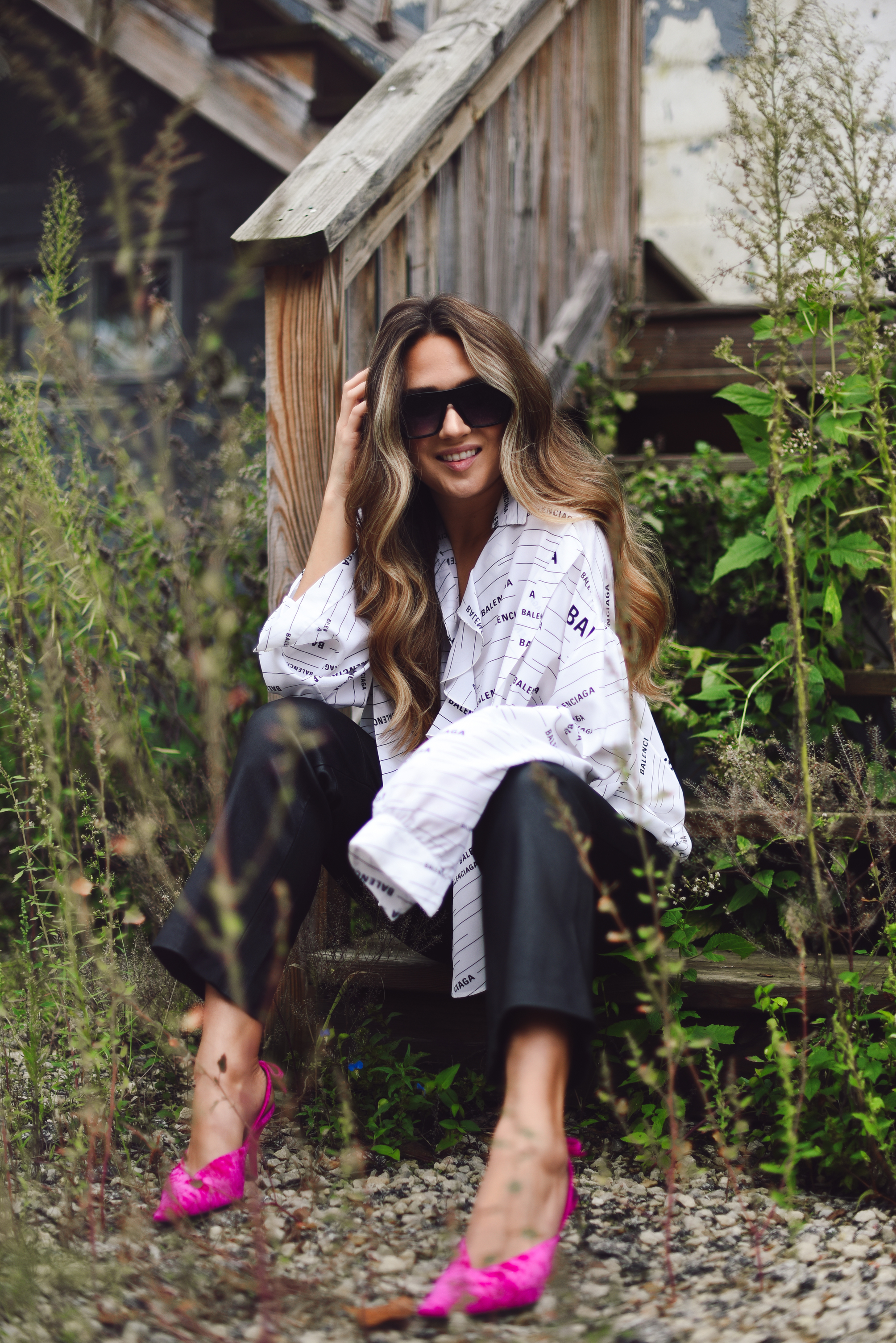 balenciaga-shirt-leather-pants-pink-pump-sparkle-jean-jacket-street-style-outfit