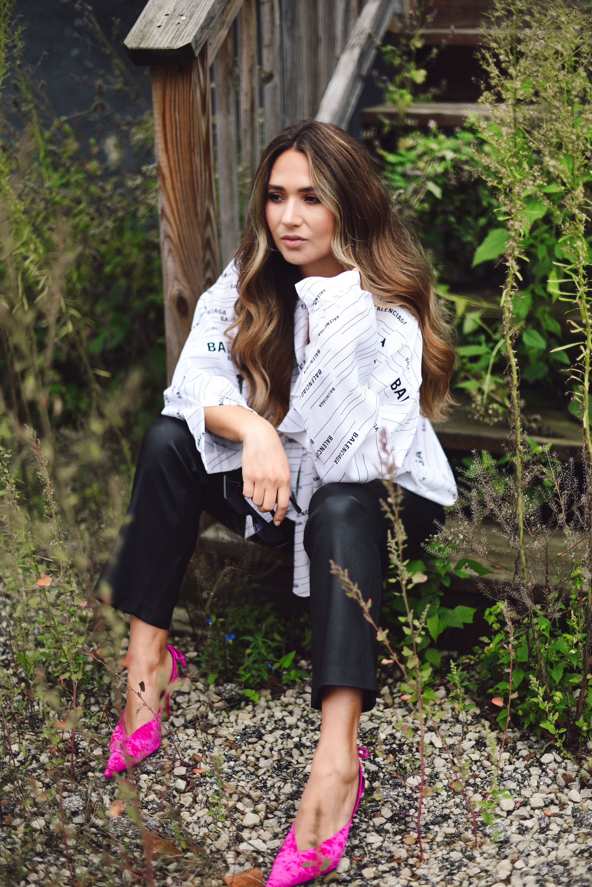 balenciaga-shirt-leather-pants-pink-pump-sparkle-jean-jacket-street-style-outfit