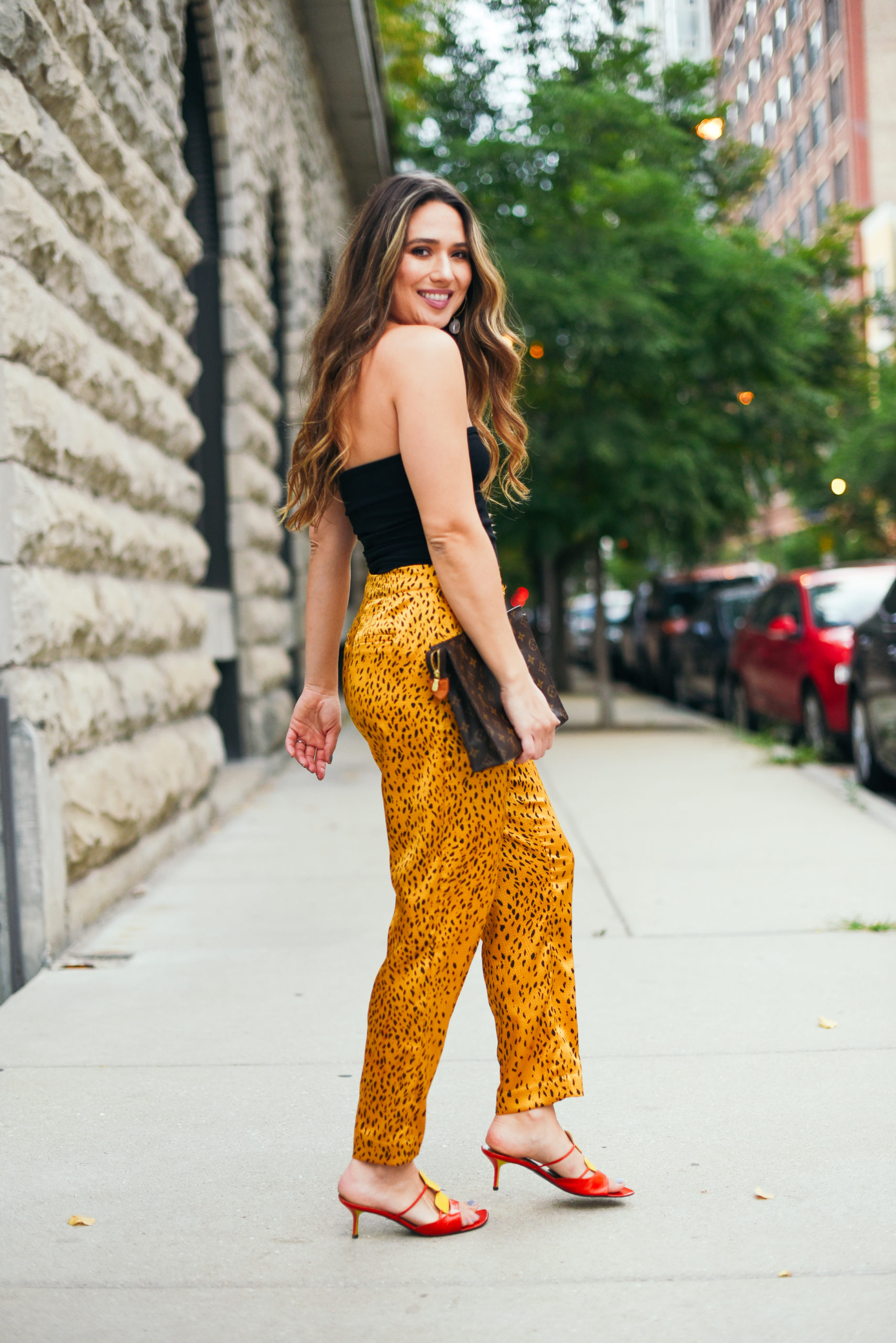 end-of-summer-outfit-silky-cheetah-pants-tube-top-streetstyle-fun-colors-girl-fashion