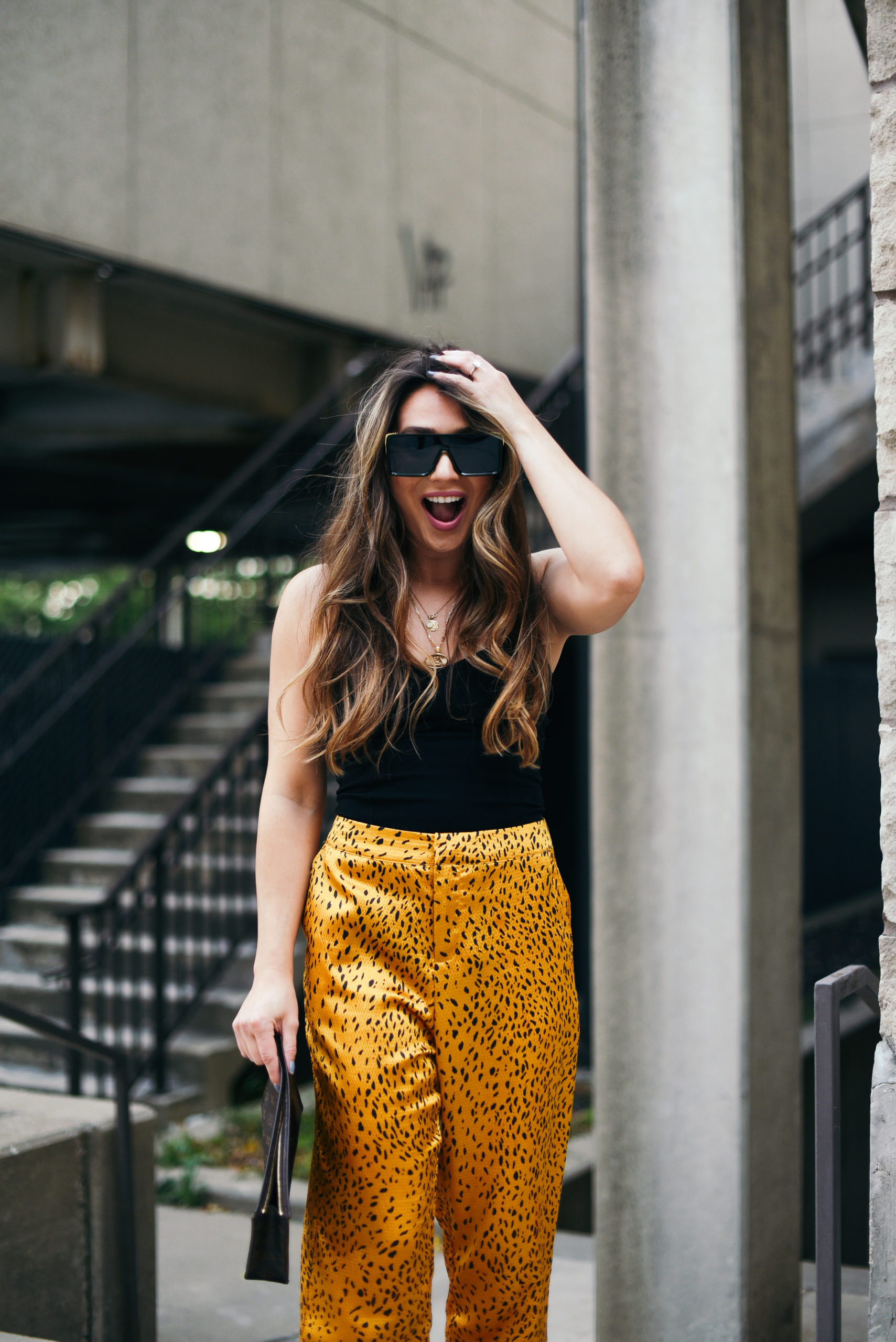 end-of-summer-outfit-silky-cheetah-pants-tube-top-streetstyle-fun-colors-girl-fashion