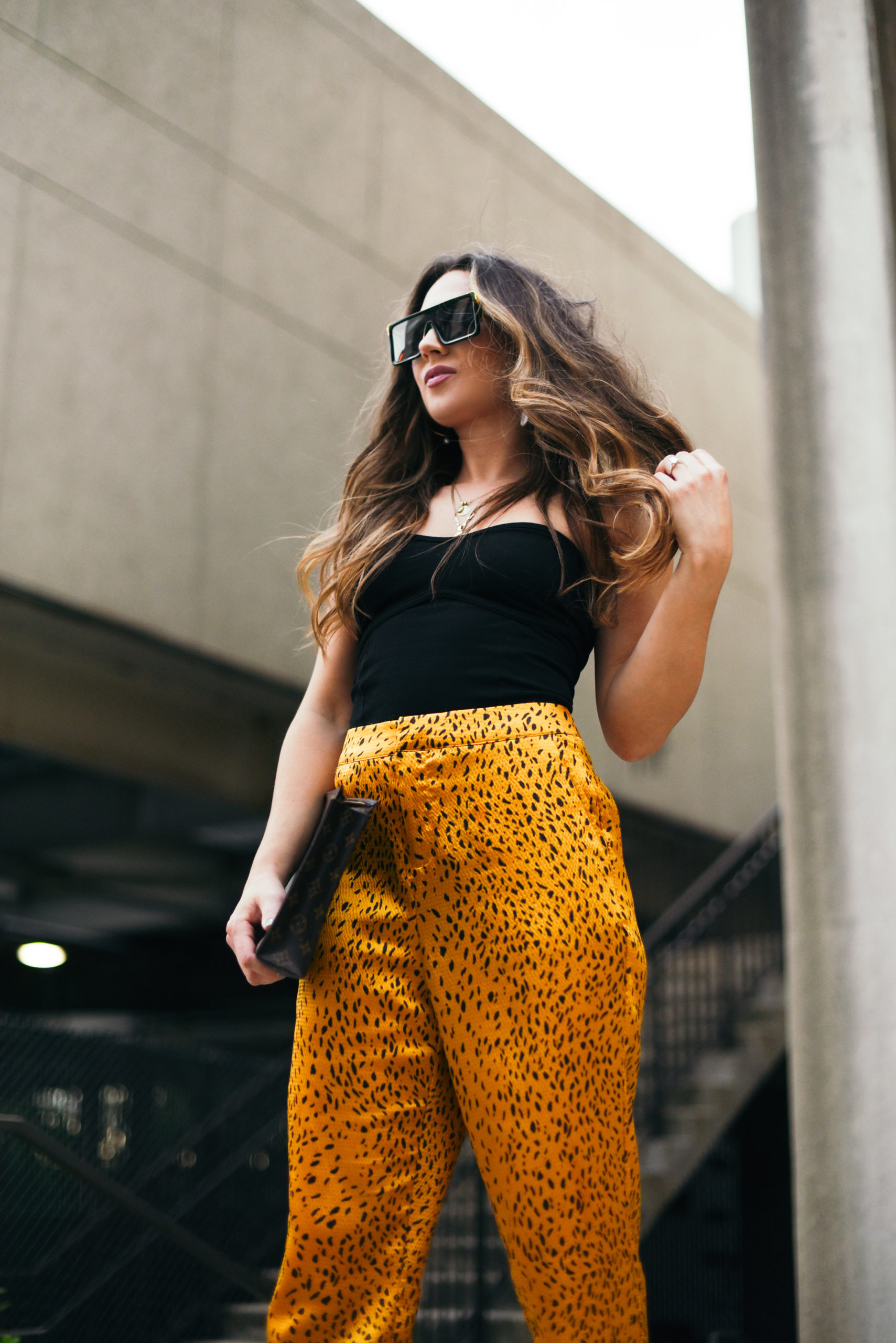 end-of-summer-outfit-silky-cheetah-pants-tube-top-streetstyle-fun-colors-girl-fashion