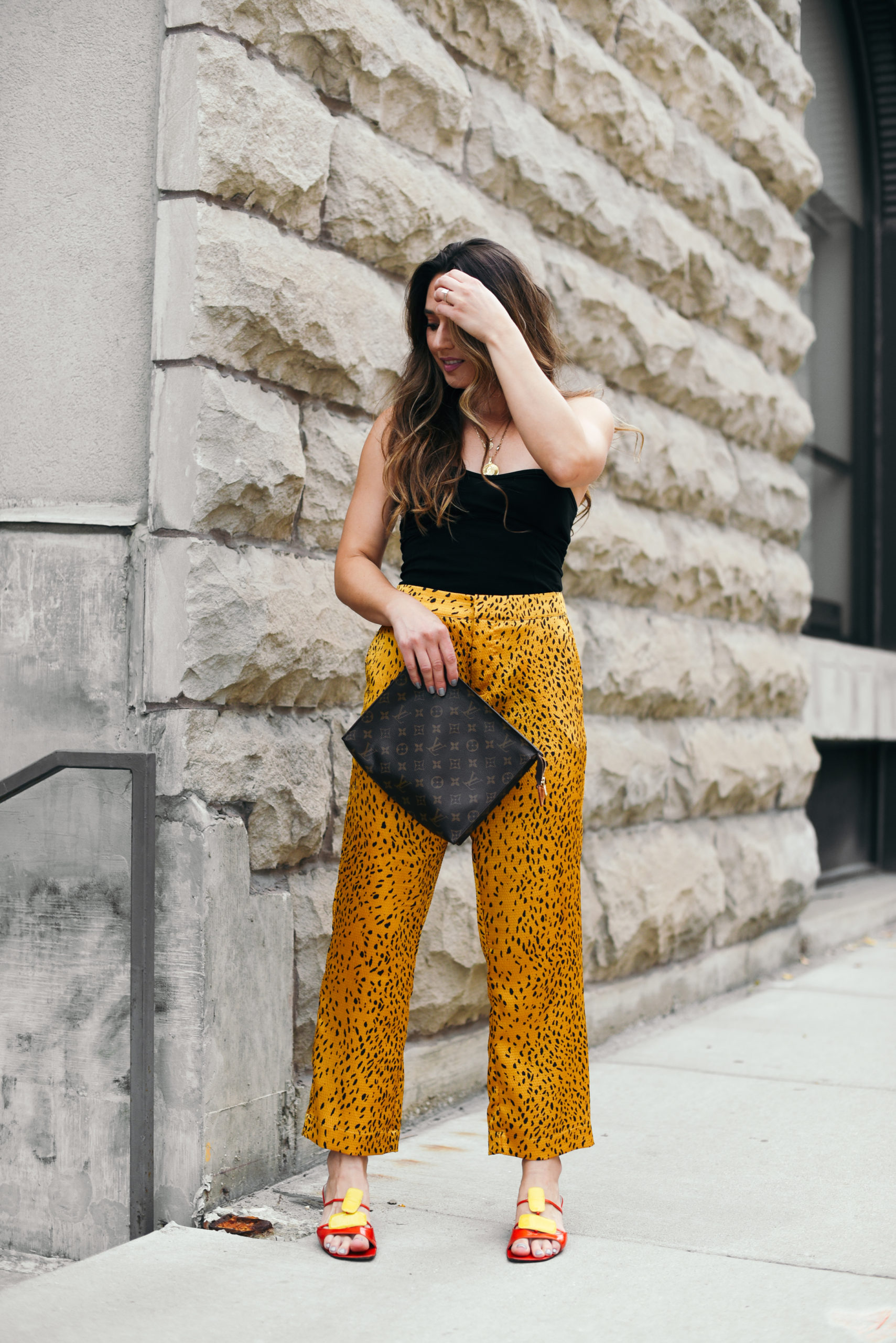end-of-summer-outfit-silky-cheetah-pants-tube-top-streetstyle-fun-colors-girl-fashion
