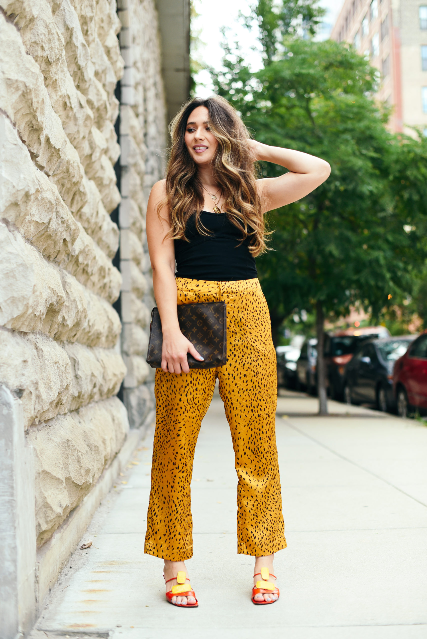 end-of-summer-outfit-silky-cheetah-pants-tube-top-streetstyle-fun-colors-girl-fashion