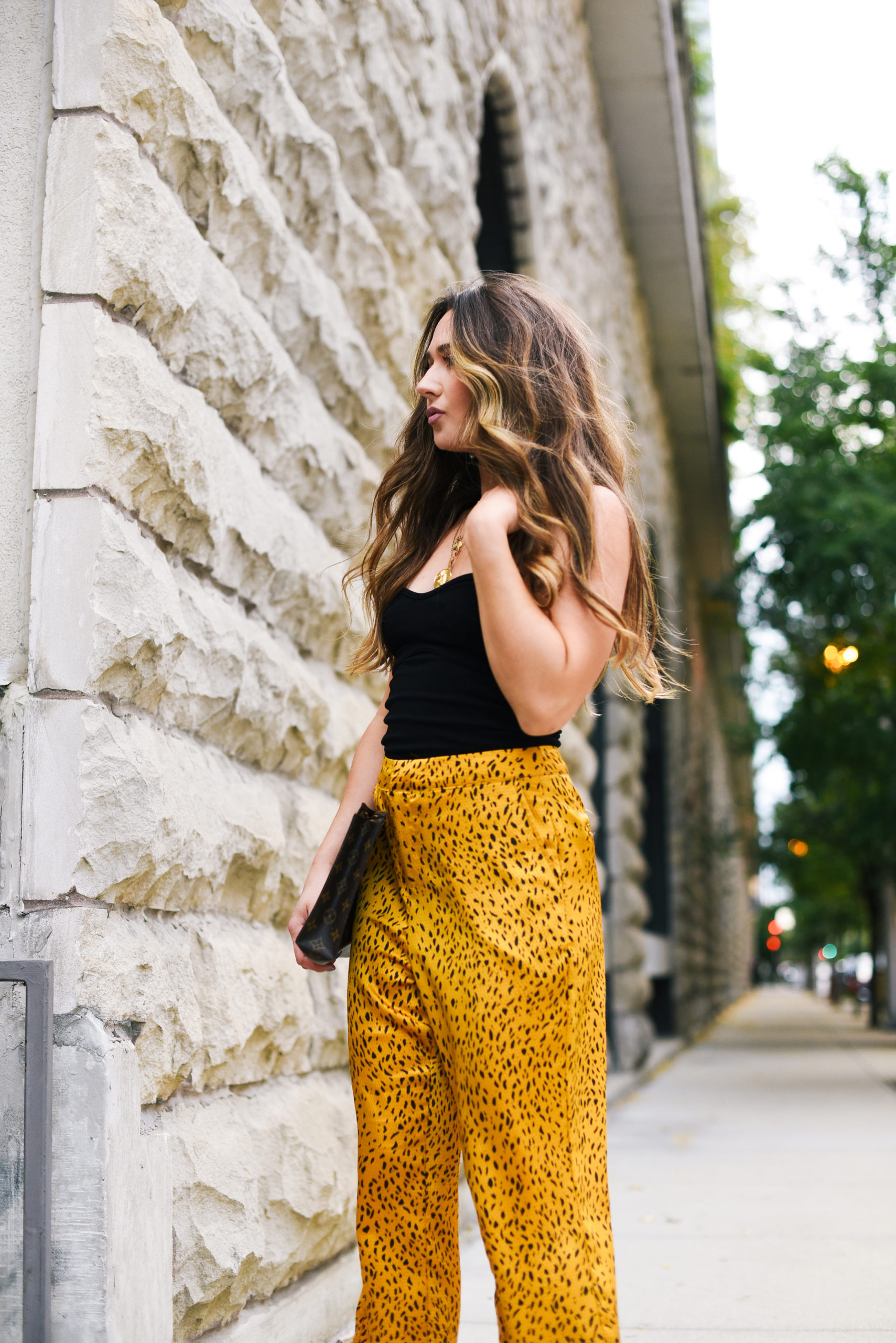 end-of-summer-outfit-silky-cheetah-pants-tube-top-streetstyle-fun-colors-girl-fashion