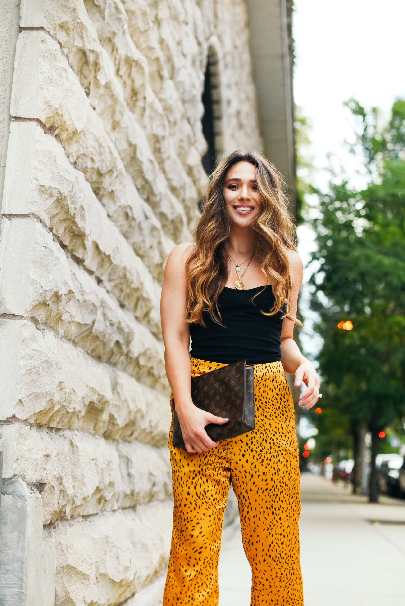 end-of-summer-outfit-silky-cheetah-pants-tube-top-streetstyle-fun-colors-girl-fashion