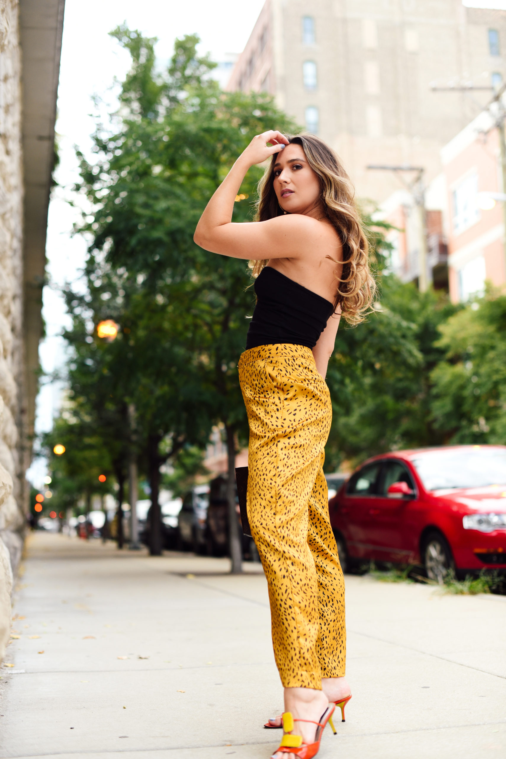 end-of-summer-outfit-silky-cheetah-pants-tube-top-streetstyle-fun-colors-girl-fashion